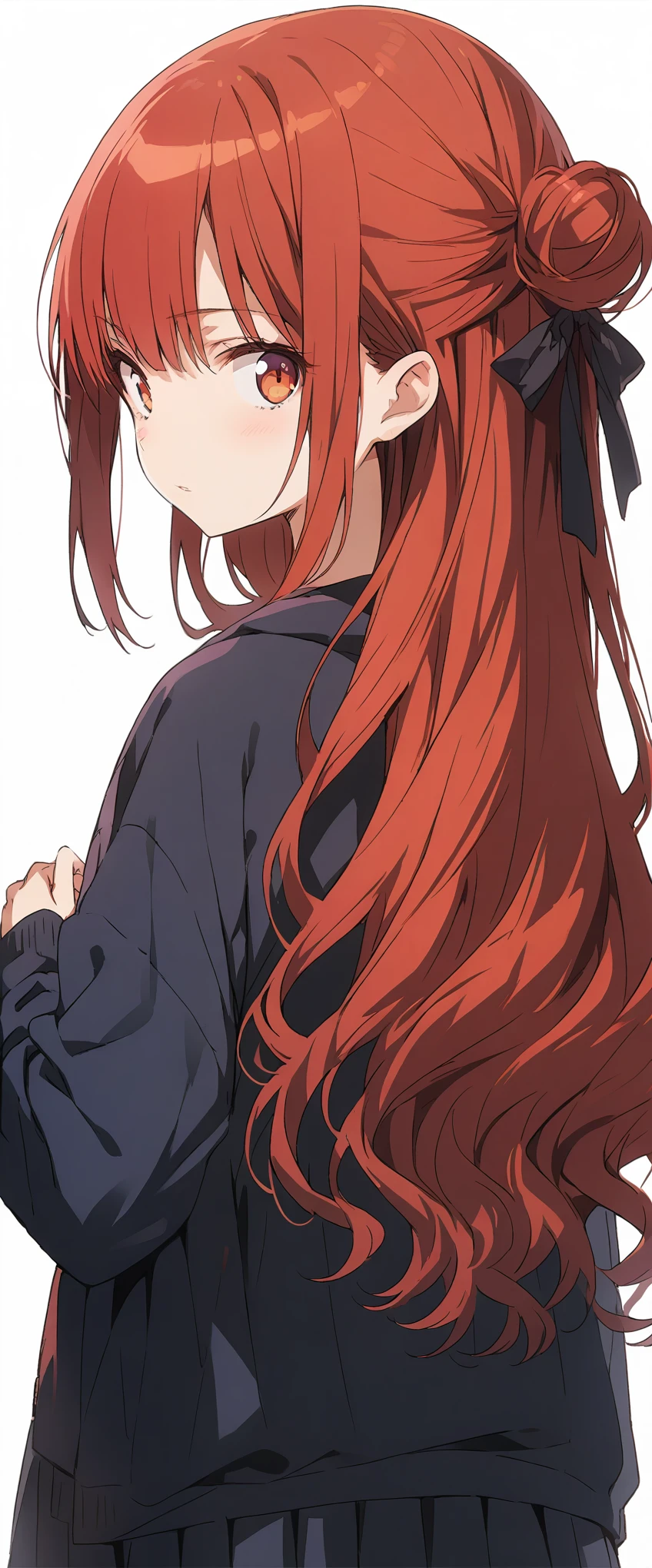 Solid white background、white background、Blank background、Ultra-high resolution, highest quality,Solo,just standing girl, One young girl、Back view、From behind、Look straight back、Mid-length hair、red hair、Fold your hands in front of you、plain black hoodie、Black pleated skirt、barefoot