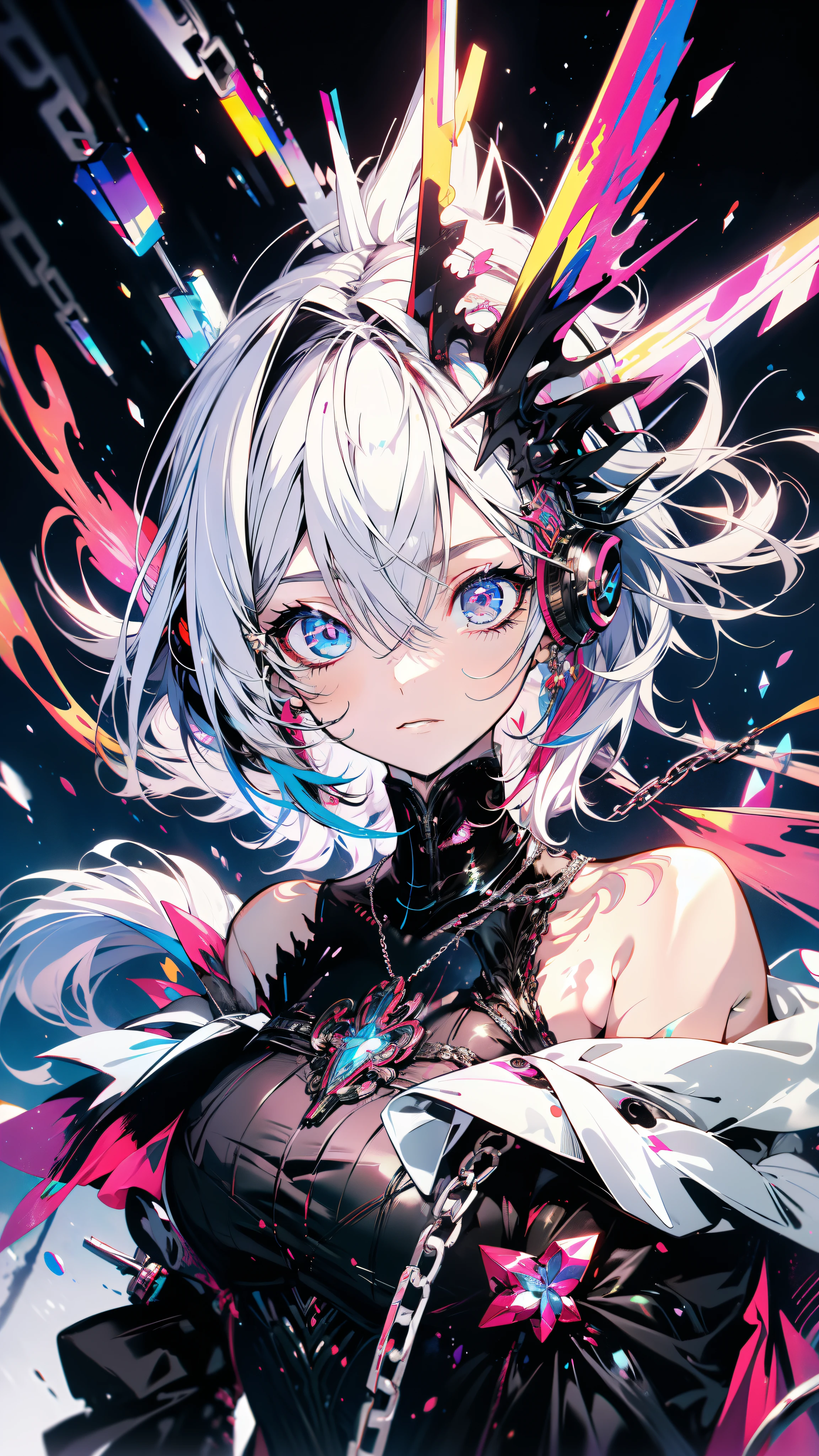 4k anime wallpaper, 4k anime wallpaper, Anime Art Wallpapers 8K, 4K Anime Style, anime art wallpaper 4k, anime art wallpaper 4k, 4k anime wallpaper, Eugeo Art, Detailed digital anime art, ((masterpiece, highest quality)), (Complex Light), Perfect Eyes、Perfect hands, Normal finger, Hyper Detail, Bright colors.Fantasy manga style demon beautiful girl, silver hair, short, headphones, half wearing dark long coat, off the shoulder, black wings, chain, red moon, otherworldly painting.