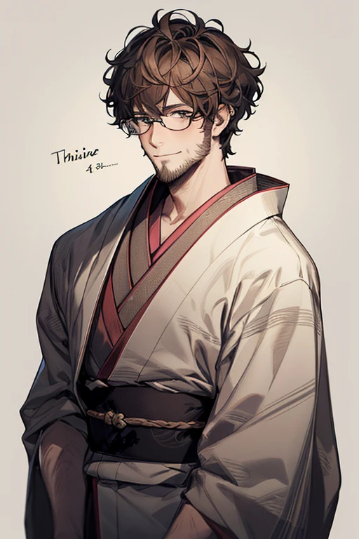 48-year-old boy, (1 person:1.5), Warm Skin, Kind eyes, Mature Face, All-night, Short brown hair, Face focus, Adult, Men's kimono, ((Bare chest:0.7)), Plain Kimono, A haggard smile, highest quality, Facial details., whole body, Lean body type, Glasses, Shaggy Hair, Perm, Single color background, front, Masterpiece, representative work, Thin beard, goutee, Front, tall, Elevation, front向き, Character portrait