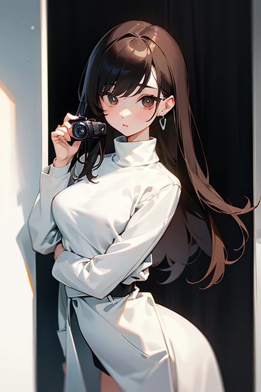 pretty girl、beautiful girl、Subjective camera、Black Hair、Earrings、Turtleneck knit、White、Big eyes、cute、Cowboy Shot、Slender、slender、Big breasts、Small waist、Accentuated breasts、Female doctor、doctor、Brown Hair、White long coat for medical use、