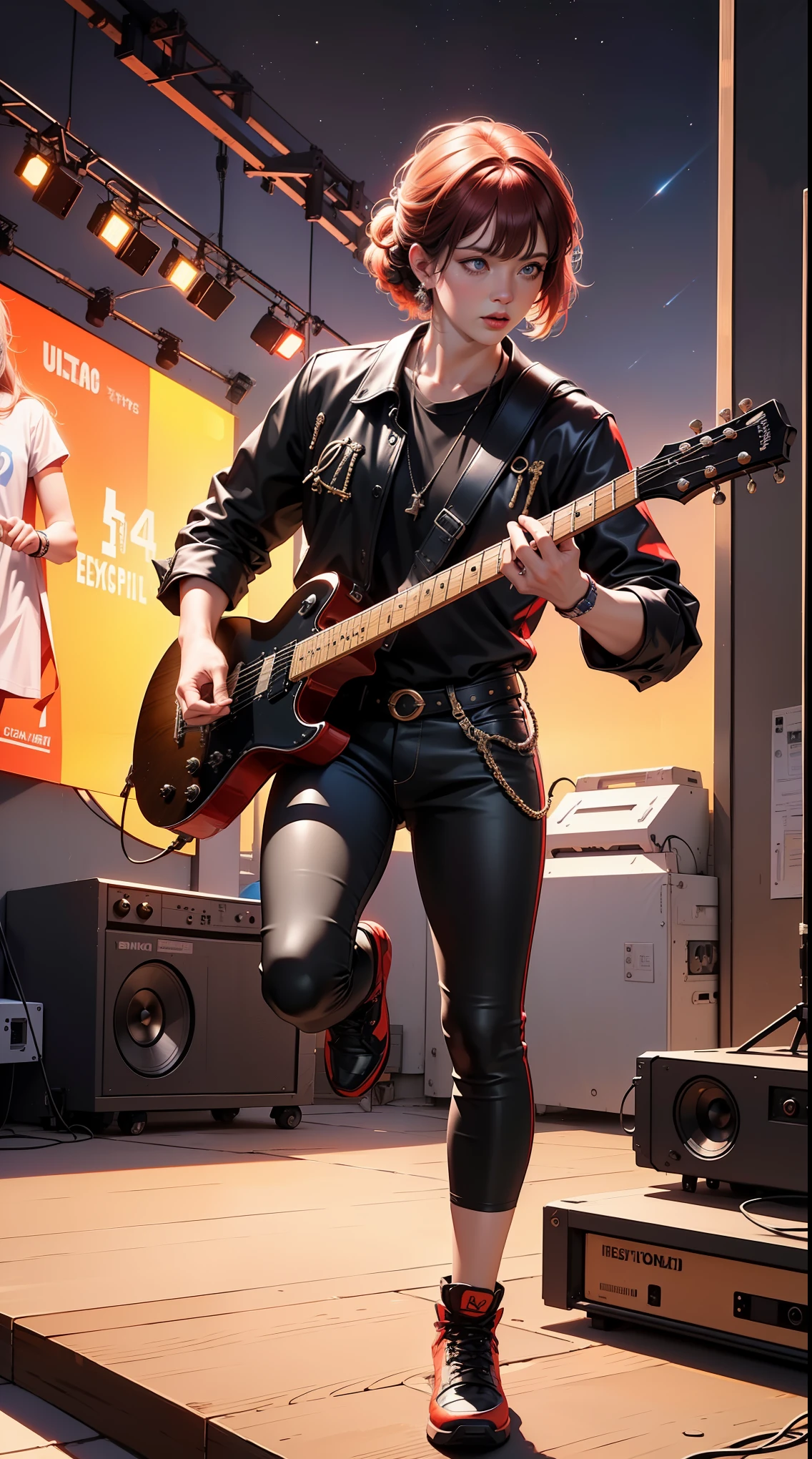 A guitarist rocking out on stage,rock music,power of music,stage lights,enthusiastic audience,heavy metal guitar,live performance,(best quality,4k,8k,highres,masterpiece:1.2),ultra-detailed,(realistic,photorealistic,photo-realistic:1.37),HDR,UHD,studio lighting,extreme detail description,professional,vivid colors