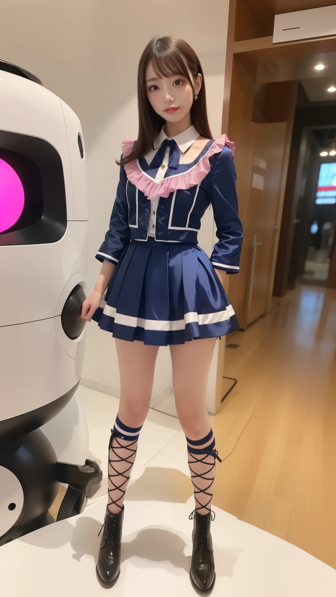 Costume like a idol, blue and white half sleeve Jacket, pink satin ruffled blouse, White and pink stripe pleated skirt, white lace up boots