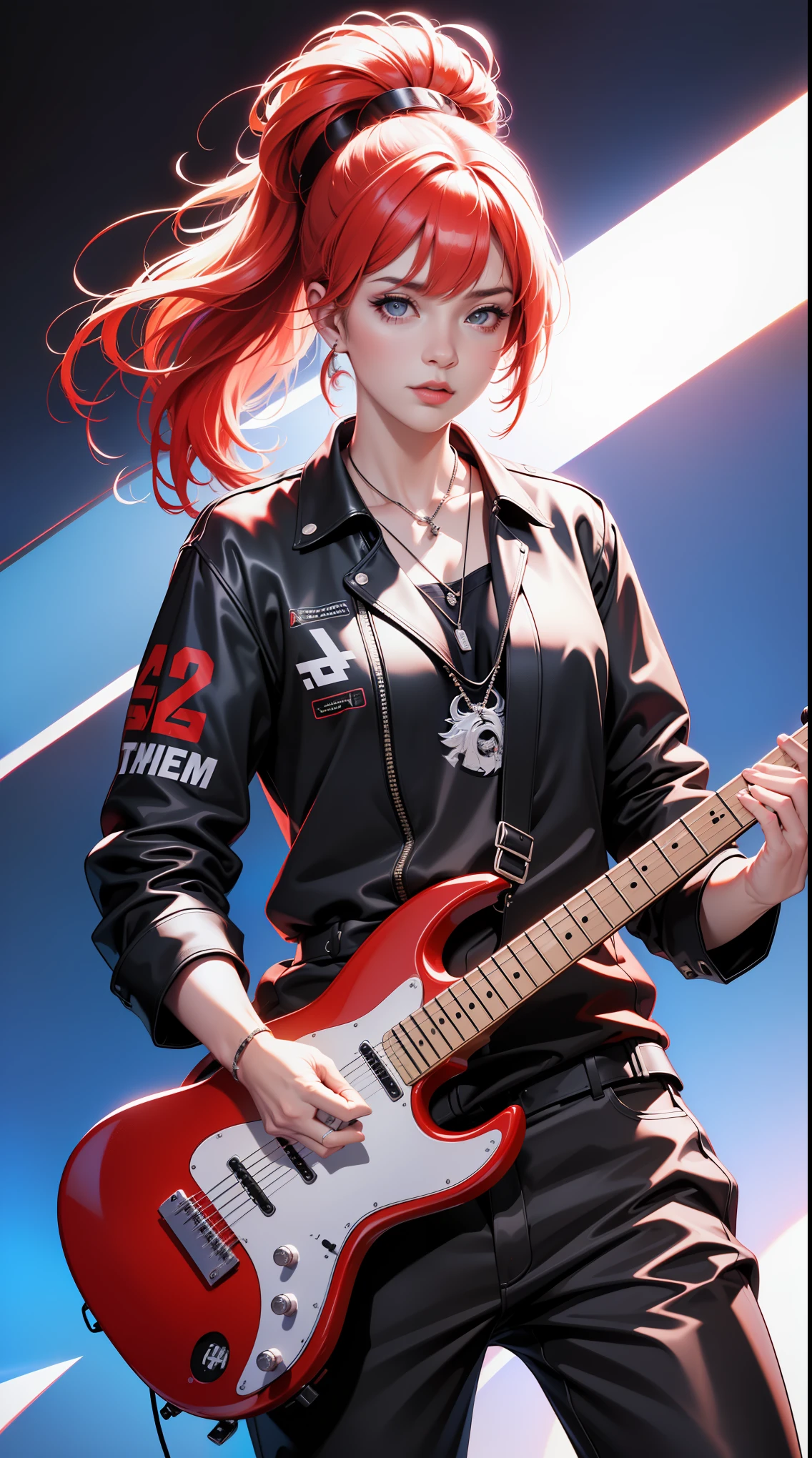 A guitarist rocking out on stage,rock music,power of music,stage lights,enthusiastic audience,heavy metal guitar,live performance,(best quality,4k,8k,highres,masterpiece:1.2),ultra-detailed,(realistic,photorealistic,photo-realistic:1.37),HDR,UHD,studio lighting,extreme detail description,professional,vivid colors