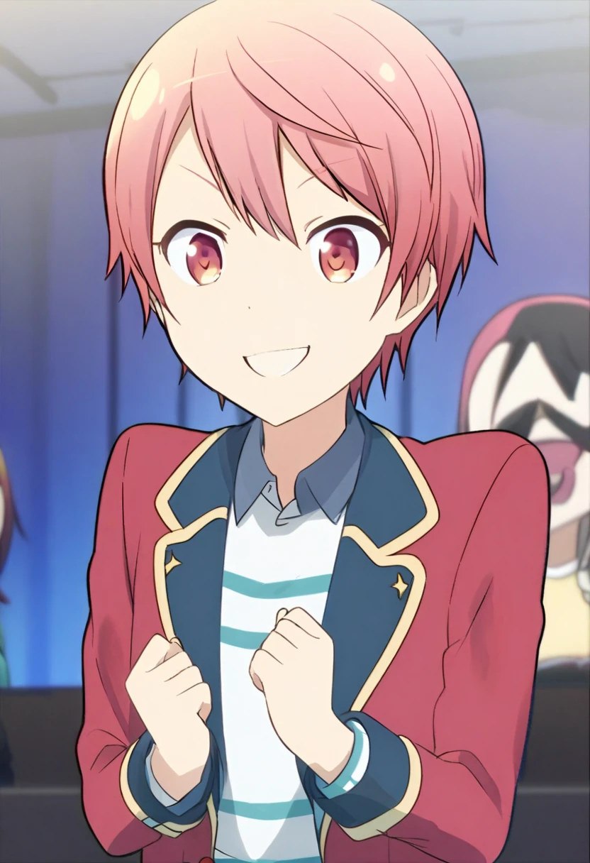 tenma_tsukasa, ganbaruzoi, smiling, on a stage, in a theatre