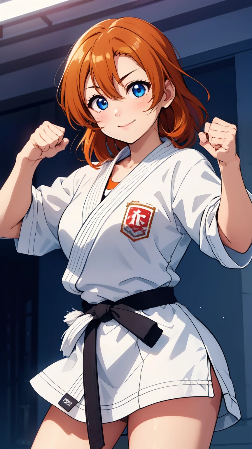 (masterpiece, 最high quality, high quality), Upper Body,Volumetric lighting, figure, beautiful, Perfect lighting, Perfect Shadow, (Nice views:1.1), Blushing, In-person audience, Are standing,Kousaka honoka, blue eyes, Orange Hair,Empty-handed,White Karate Custom, Big Breasts, sweating, smile、Straight punch、In-person audienceにStraight punch、Raise your fist towards the audience