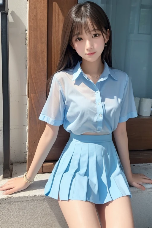 beautiful girl、high school girl、Light blue mini skirt、See-through、sit