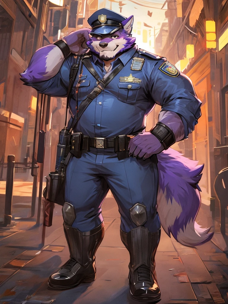 a drawing of a man in a uniform holding a hunting bow, detailed full body, officer,  black police man outfit, police cap, beautiful full body, full uniform, an anthropomorphic cyberpunk fox, beard, mature, daddy, furry character, anthropomorphic furry art, anthro concept art, commission for high res, fursona commission, fullbody commission for, purple fur fox, archer, hunting bow, (((purple fur)))