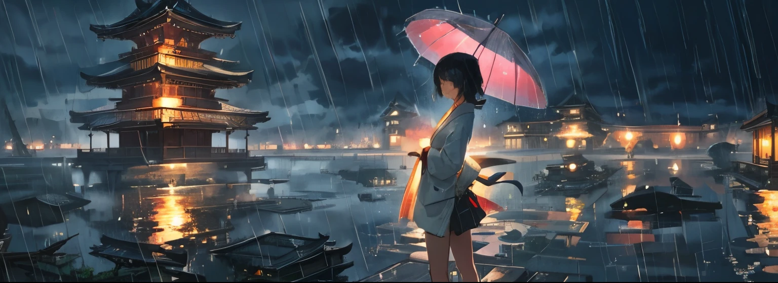 ((highest quality)), ((masterpiece)), (be familiar with), Girls, rain, Japanese style, Overlooking, jump, armed, battle