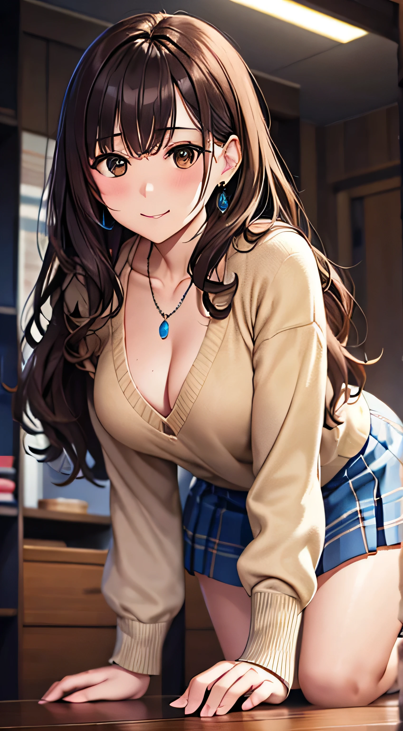 (Tabletop, highest quality, High resolution, , Pixel Perfect, 4K,), 1 girl, single, alone, Beautiful woman、I could see the whole body、 ((Wavy mid-length hair, bangs, Brown Hair)), ((Brown eyes, Beautiful eyelashes, Realistic eyes)), ((Detailed face, blush:1.2)), ((Smooth texture:0.75, Realistic texture:0.65, Realistic:1.1, Anime CG Style)), Center of chest, Dynamic Angle, Perfect body, ((, female teacher, , Earrings、necklace、Light beige open neck sweater、Long flared skirt in dark blue、Black knee-high stockings、On all fours、Please lift up your skirt and show me your pants.、A shy smile、Put your hands behind your back、Leaning forward、)), look up、Sit on the sofa、(、Pink lace panties、、Angle from below)、