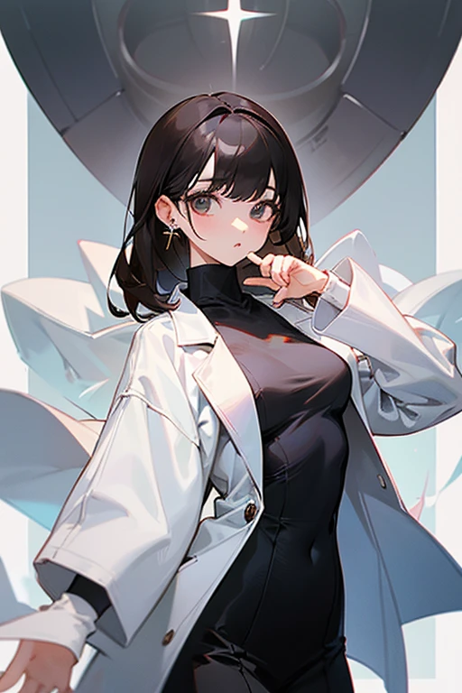 pretty girl、beautiful girl、Subjective camera、Black Hair、Earrings、Turtleneck knit、White、Big eyes、cute、Cowboy Shot、Slender、slender、Big breasts、Small waist、Accentuated breasts、Female doctor、doctor、Brown Hair、White long coat for medical use、