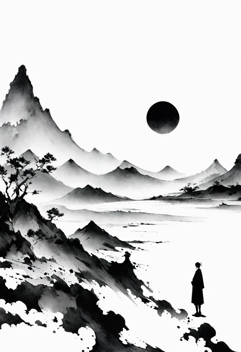 (Lots of white space:1.5)，(Lots of white space around:1.6), White background, simple, Minimalism, abstract,Freehand，Aesthetic，black and white，Ink Painting，antiquity，A person far away，A distant mountain