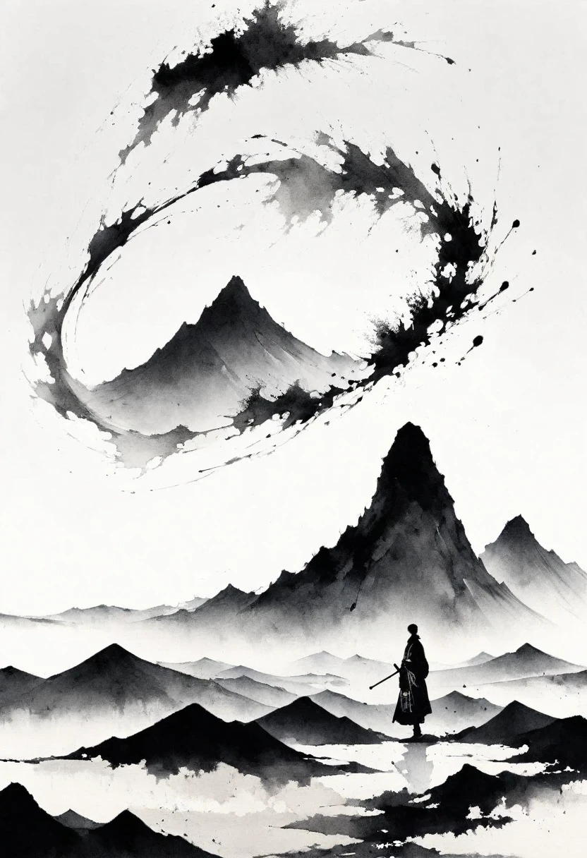 (Lots of white space:1.5)，(Lots of white space around:1.6), White background, simple, Minimalism, abstract,Freehand，Aesthetic，black and white，Ink Painting，antiquity，A person far away，A distant mountain