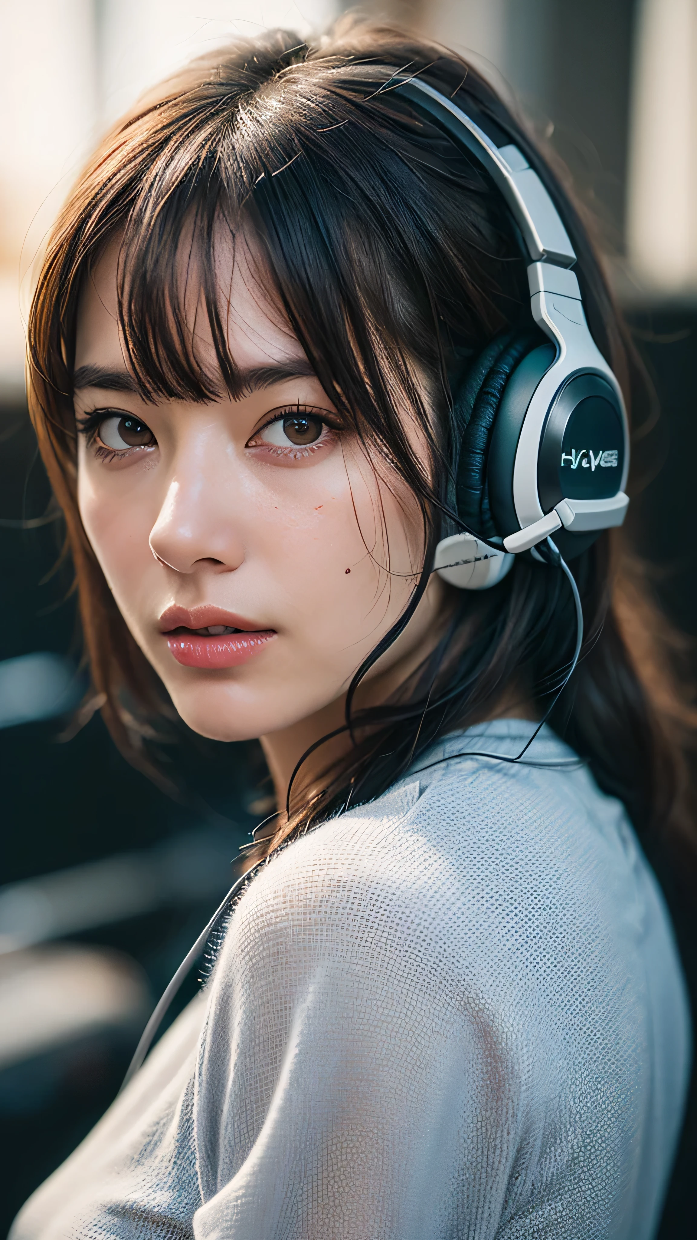 Dressed, (photo Realistic:1.4), (hyper Realistic:1.4), (Realistic:1.3), (Smoother lighting:1.05), (Improving the lighting quality of movies:0.9), 32k, One girl,20 year old girl, Realistic lighting, Backlight, Light on the face, Ray-tracing, (Bright light:1.2), (Improvement of quality:1.4), (Highest quality real texture skins:1.4), Detailed drawn eyes, Detailed painted face, Quality Eyes, (Tired, sleepy and satisfied:0.0), Face close-up, T-shirt with headphones, (Enhance the mood of your body line:1.1), (Enhances the beauty of skin texture:1.1)