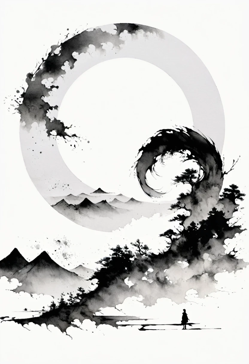 (Lots of white space:1.5),(Lots of white space around:1.6), White background, simple, Minimalism, abstract,Freehand,Aesthetic,black and white,Ink Painting,antiquity,A person far away,A distant mountain