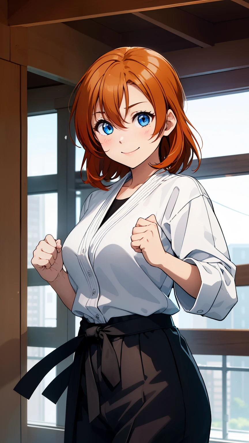 (masterpiece, 最high quality, high quality), Upper Body,Volumetric lighting, figure, beautiful, Perfect lighting, Perfect Shadow, (Nice views:1.1), Blushing, In-person audience, Are standing,Kousaka honoka, blue eyes, Orange Hair,Empty-handed,White Karate Custom, Big Breasts, sweating, smile、Straight punch、In-person audienceにStraight punch、Raise your fist towards the audience