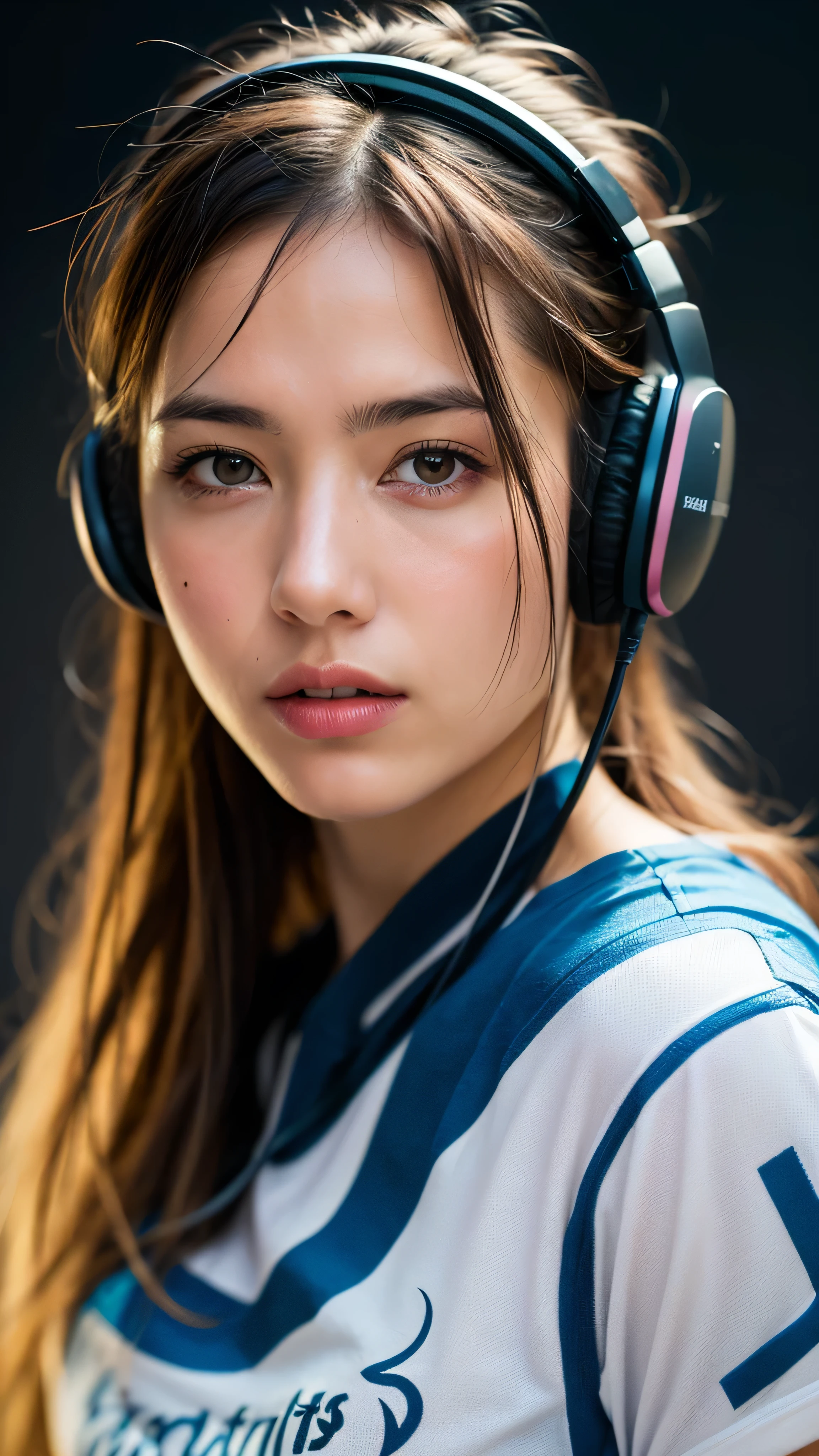 Dressed, (photo Realistic:1.4), (hyper Realistic:1.4), (Realistic:1.3), (Smoother lighting:1.05), (Improving the lighting quality of movies:0.9), 32k, One girl,20 year old girl, Realistic lighting, Backlight, Light on the face, Ray-tracing, (Bright light:1.2), (Improvement of quality:1.4), (Highest quality real texture skins:1.4), Detailed drawn eyes, Detailed painted face, Quality Eyes, (Tired, sleepy and satisfied:0.0), Face close-up, T-shirt with headphones, (Enhance the mood of your body line:1.1), (Enhances the beauty of skin texture:1.1)