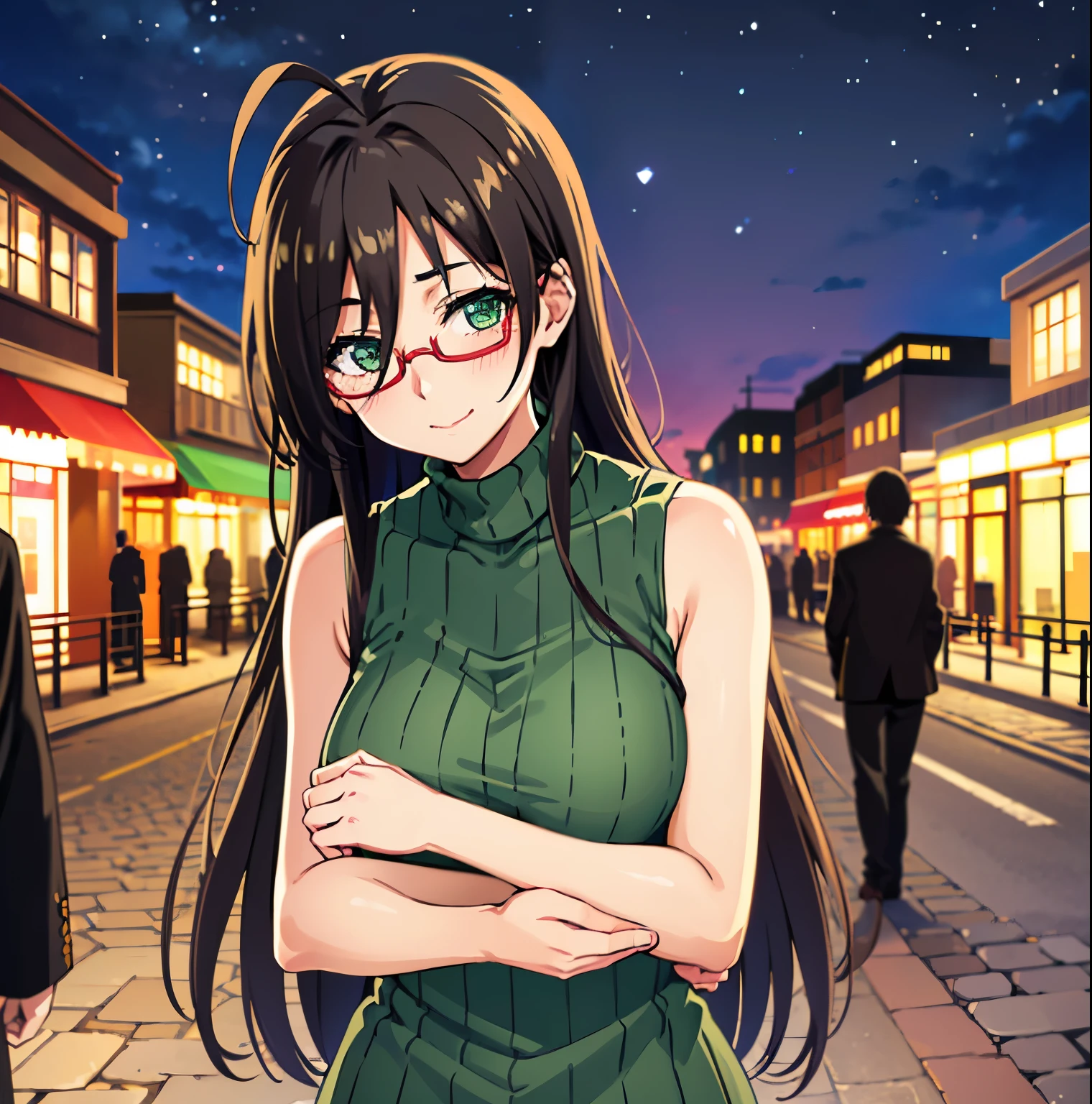 1girl,alone, chisato Hasegawa,( 4k detailed), (masterpiece), (ultra quality), (ultra detailed), (best illustration), (best shadow), (extremely detailed), (absurdities), (detailed background) , , glasses, alone, long hair, red-rimmed glasses, half-rimmed glasses, turtleneck, smile, under-rimmed glasses, black hair, bare shoulders, brown hair, antenna hair, sleeveless turtleneck, big beasts, full body, green eyes, green sweater, looking at viewer, head on, focus on breasts, pov (front view), innocent smile, blush, outdoors, night, sexy body, sexy posture, perfect anatomy, perfect hands