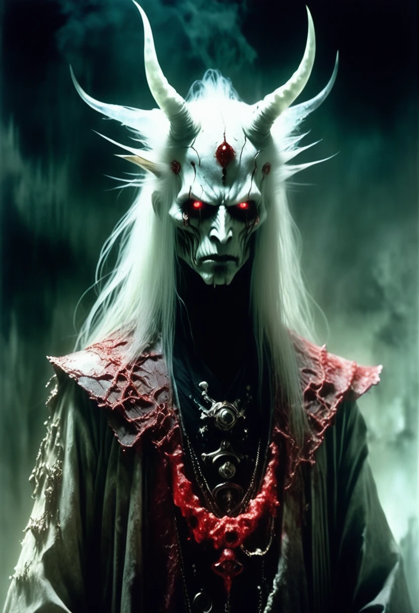 scene with the Brazilian indigenous god Anhangá, He must be standing in the middle of a dark forest with fog and the moon on the horizon Anhangá must wear a red headdress. Anhangá has completely white skin and long white hair., your eyes need to be red.