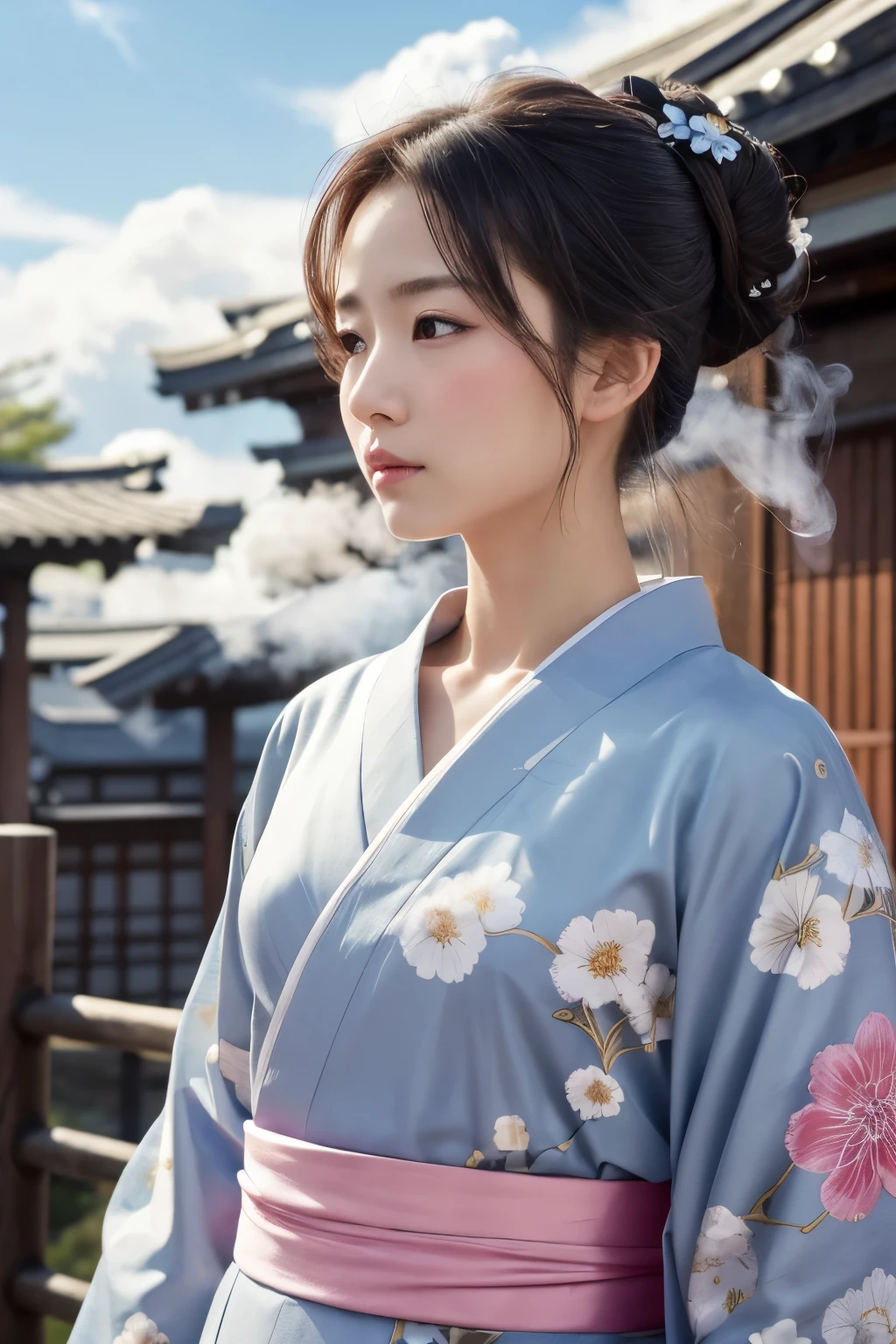 The background is a scene covered with fantastic clouds and smoke.、A woman with a serious expression is standing。She tied her hair up、Wearing traditional Japanese clothes、In his hand he holds a sharp Japanese sword。The kimono is decorated with delicate floral patterns.、It adds a subtle beauty to the overall look.。Women's eyes are sharp、I'm looking towards something、It gives me a strong sense of determination。Overall、The scene is depicted in an artistic style similar to Ukiyo-e.、Highlights elements of classic Japanese culture。