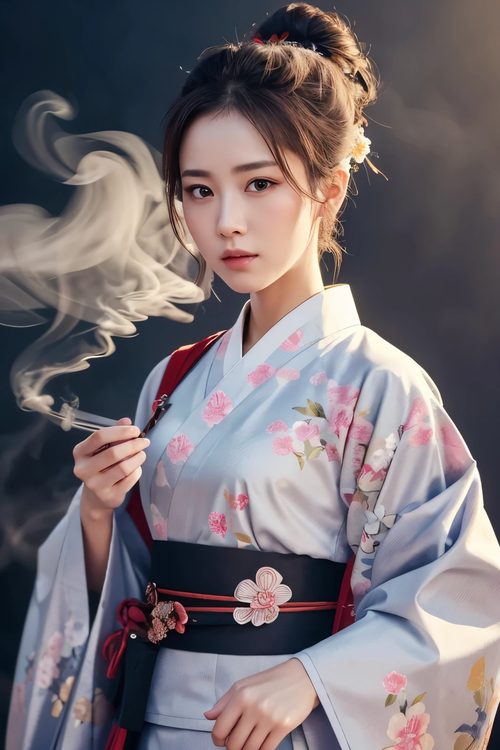 The background is a scene covered with fantastic clouds and smoke.、A woman with a serious expression is standing。She tied her hair up、Wearing traditional Japanese clothes、In his hand he holds a sharp Japanese sword。The kimono is decorated with delicate floral patterns.、It adds a subtle beauty to the overall look.。Women's eyes are sharp、I'm looking towards something、It gives me a strong sense of determination。Overall、The scene is depicted in an artistic style similar to Ukiyo-e.、Highlights elements of classic Japanese culture。