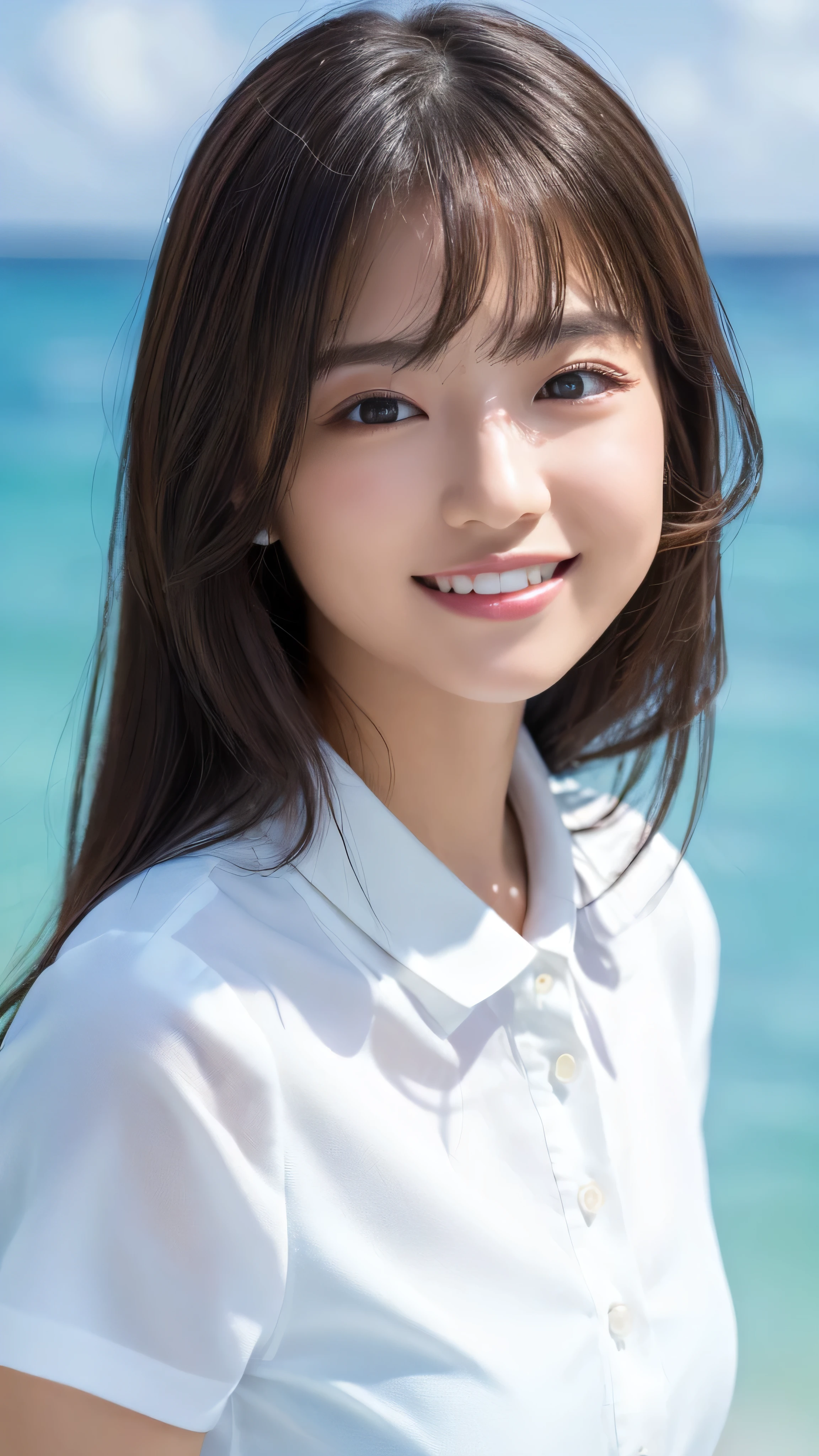 ((highest quality、Tabletop、8k、Best image quality、Extremely intricate and detailed))、(1 person photo:1.1)、(Nationality: British:1.2)、(Look at me with your best smile:1.1)、(Beautiful beaches:1.1)、(White polyester high short sleeve collar shirt:1.1)、(The perfect short sleeve collared shirt:1.1)、Accentuate your body lines、The most natural and perfect sea background、The clearest and most beautiful sea、(Very large breasts:1.1)、(Face close-up:1.2)、Attractive body、Hair swaying in the wind、Sandy Beach、Beautiful sea、The clearest and most shining sea、Complex sea glow、The most detailed and realistic ocean、The details of the beautiful sea are depicted.、(Very brightly lit face:1.2)、Ultra-high definition beauty face、(Ultra high resolution perfect beautiful teeth:1.1)、Ultra HD Hair、Ultra-high definition sparkling eyes、(Pure white skin shining in ultra-high resolution:1.2)、Ultra-high quality glossy lips、The cutest gravure pose、(Very bright and vivid:1.2)、(Very bright:1.2)、(Very refreshing:1.1)、(Glowing white beautiful skin:1.2)、(Very strong exposure:1.2)、(Pure white skin that shines Very brightly:1.2)、(Very strong highlights:1.2)、(Very bright and glowing skin:1.2)、Blurred Background