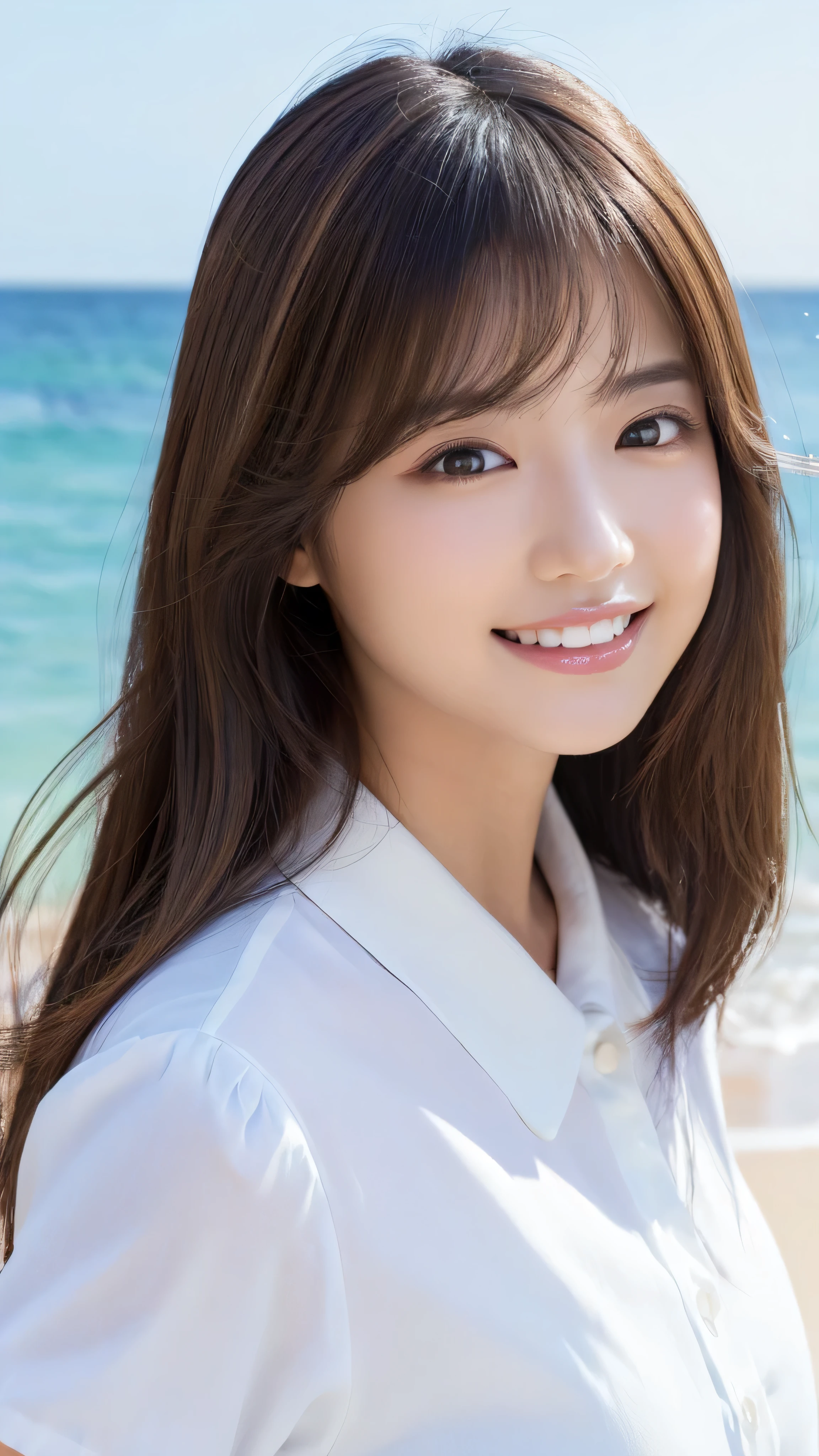 ((highest quality、Tabletop、8k、Best image quality、Extremely intricate and detailed))、(1 person photo:1.1)、(Nationality: British:1.2)、(Look at me with your best smile:1.1)、(Beautiful beaches:1.1)、(White polyester high short sleeve collar shirt:1.1)、(The perfect short sleeve collared shirt:1.1)、Accentuate your body lines、The most natural and perfect sea background、The clearest and most beautiful sea、(Very large breasts:1.1)、(Face close-up:1.2)、Attractive body、Hair swaying in the wind、Sandy Beach、Beautiful sea、The clearest and most shining sea、Complex sea glow、The most detailed and realistic ocean、The details of the beautiful sea are depicted.、(Very brightly lit face:1.2)、Ultra-high definition beauty face、(Ultra high resolution perfect beautiful teeth:1.1)、Ultra HD Hair、Ultra-high definition sparkling eyes、(Pure white skin shining in ultra-high resolution:1.2)、Ultra-high quality glossy lips、The cutest gravure pose、(Very bright and vivid:1.2)、(Very bright:1.2)、(Very refreshing:1.1)、(Glowing white beautiful skin:1.2)、(Very strong exposure:1.2)、(Pure white skin that shines Very brightly:1.2)、(Very strong highlights:1.2)、(Very bright and glowing skin:1.2)、Blurred Background