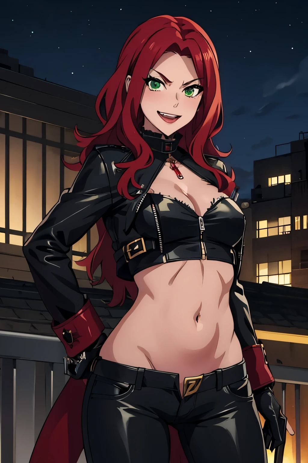 bitch medium breasts, red hair, beautiful face, green eyes, evil smile, blush, lipstick, evil smile,  fur trim, mature female, gloves, fur-trimmed coat , outdoors, rooftop, cityscape, building, railing, night, night sky, scenery,  city lights, masterpiece, best quality, highly detailed, a girls with a gun, evil smile , open mouth, sexy gaze, badass
pose , evil smile, smile, (nsfw) not safe for work, guns blazing, anime girl with long hair, beautiful long
haired girl, navel, evil expression, exposed belly, exposed navel, exposed midriff, exposed lower belly,
long black pants, crop top, cleavage, unbuttoned leather pants ,open fly, low rise black leather pants,
leather jacket, holding a gun, 