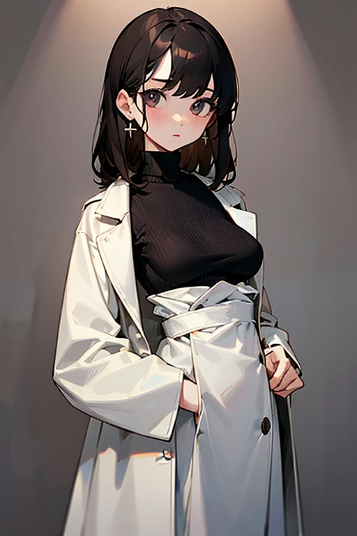 pretty girl、beautiful girl、Subjective camera、Black Hair、Earrings、Turtleneck knit、White、Big eyes、cute、Cowboy Shot、Slender、slender、Big breasts、Small waist、Accentuated breasts、Female doctor、doctor、Brown Hair、White long coat for medical use、