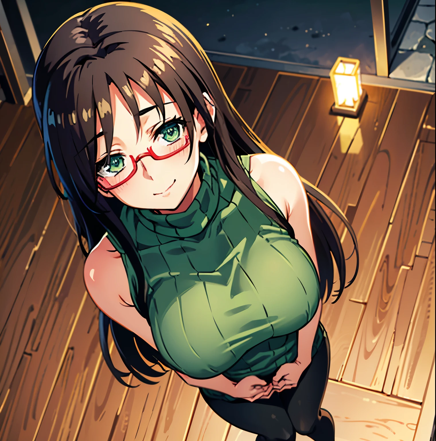 1girl,alone, chisato Hasegawa,( 4k detailed), (masterpiece), (ultra quality), (ultra detailed), (best illustration), (best shadow), (extremely detailed), (absurdities), (detailed background) , , glasses, alone, long hair, red-rimmed glasses, half-rimmed glasses, turtleneck, smile, under-rimmed glasses, black hair, bare shoulders, brown hair, antenna hair, sleeveless turtleneck, big beasts, full body, green eyes, green sweater, looking at viewer, head on, focus on breasts, pov (from above) innocent smile, blush, outdoors, night, sexy body, sexy posture, perfect anatomy, perfect hands