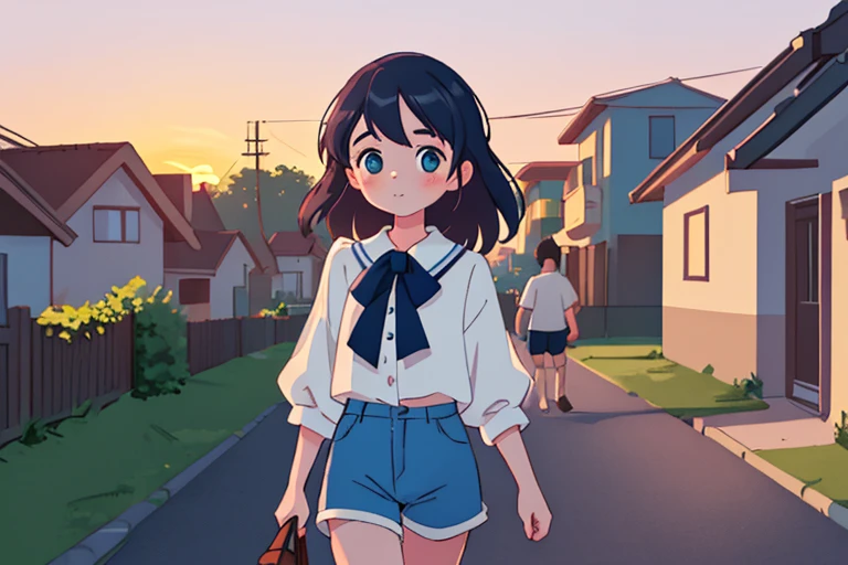 masterpiece, highest quality, Perfect body,Full face,1girl,solo,White blouse,blue Shorts,Walking in a residential area,Bust Shot,behind３There are people,sunset
