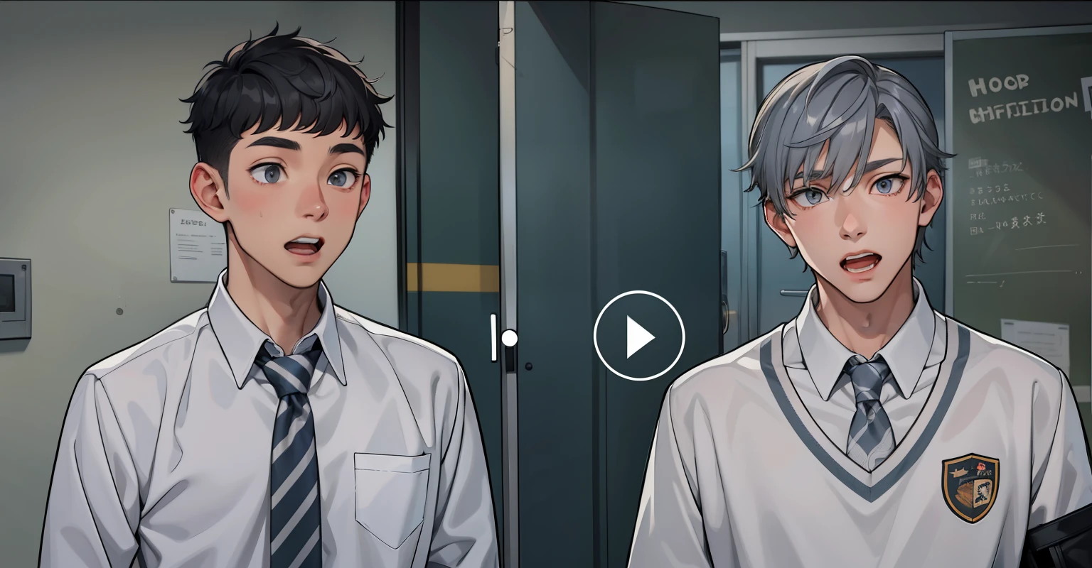 There are two boys with gray hair and gray eyes, they are surprised, they are at school, they are 18 years old.