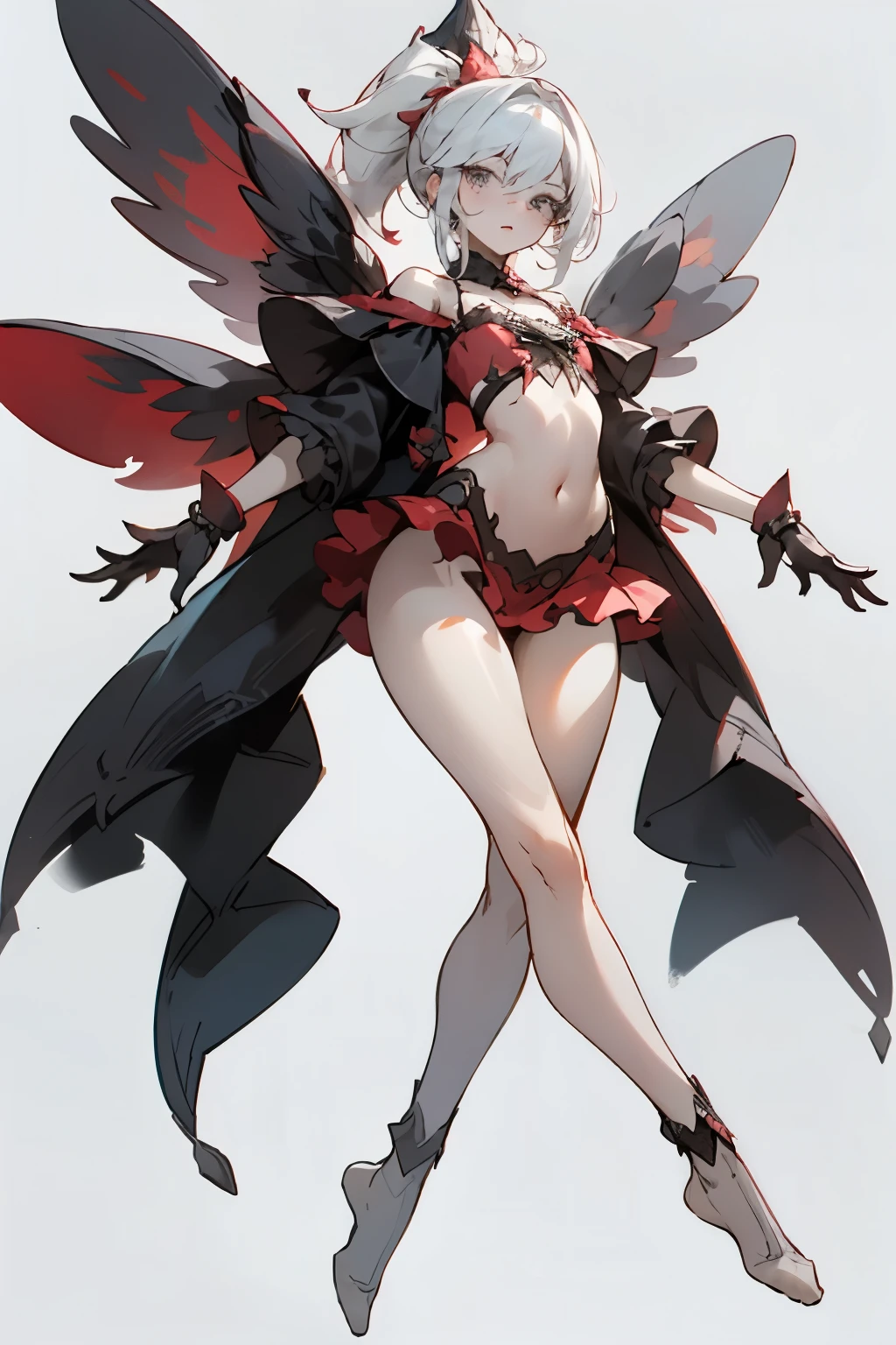 ((best quality)), ((masterpiece)), (detailed), 1girl, off-shoulder, Character design, female, dynamic poses, long white grey hair, grey white eyes, small frame, very skinny, detailed, best quality, no accesoires around the neck, no shoes, prominent collarbones, skinny arms, flat stomach, visible hip bones, full body, blank white background, plain background, white background, red and white clothing, Bloodborne inspired, occult aesthetic, occult, detailed and intricate steampunk and detailed gothic, NSFW, Very dramatic and cinematic lighting, cosmic horror, grim-dark, side-lighting, perfect face, NSFW, Fluttering lace flared long knee length dress with frilly petticoats, knee length dress, pleated petticoats, petticoats gothic, complex lace boots, side-lighting, gothic ta aesthetic, wielding a mighty sword with mechanical components, various different types of insect wings, NSFW, full body, whole body, body, plain background, white background, blank background, no background, white background NSFW, chains, full body, whole body, head-to-toe NSFW