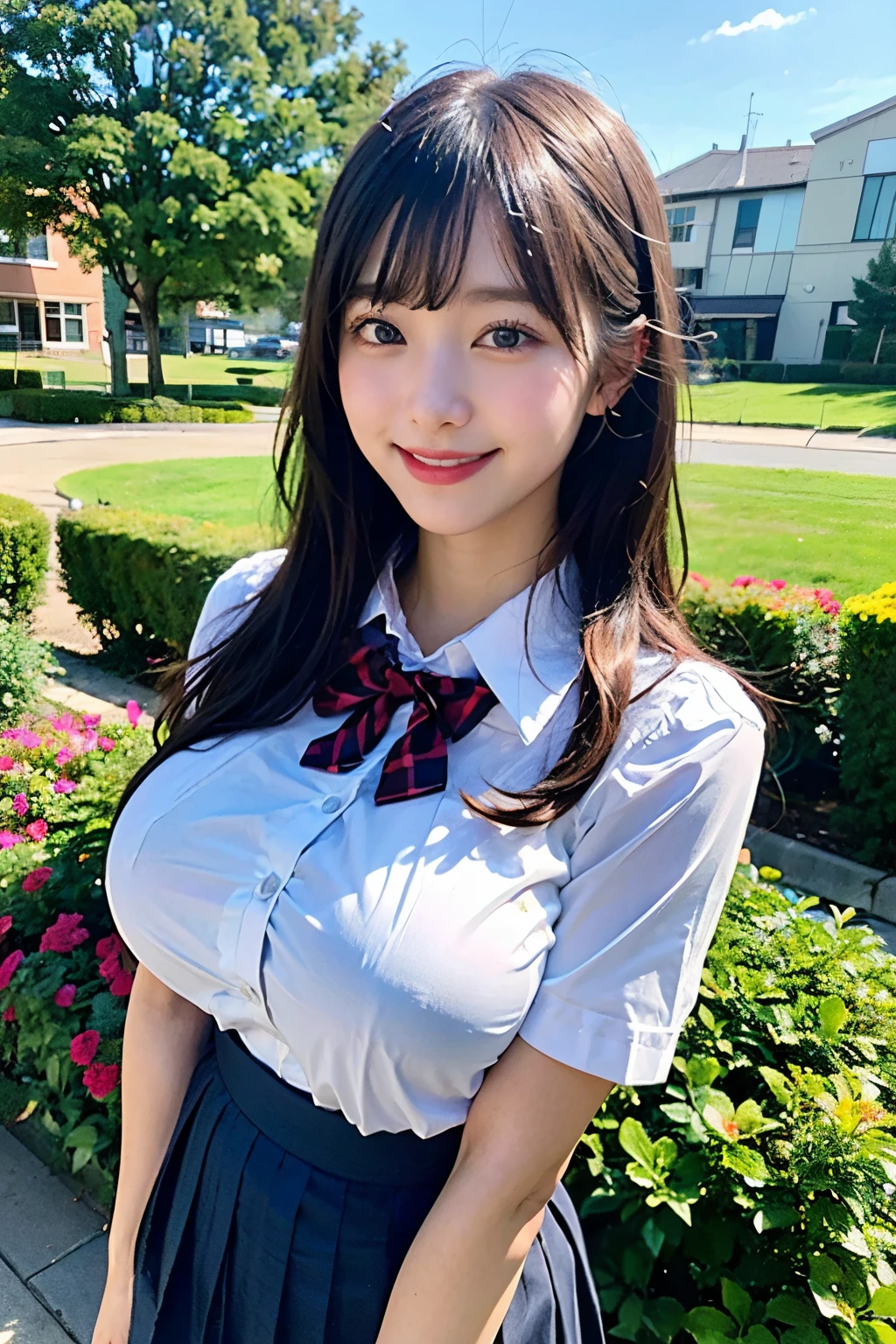 (highest quality, 8k, 32k, masterpiece, Ultra-high resolution:1.2), Cute Japanese Girl, (Huge breasts:1.4), Long black hair, bangs, (smile), (school uniform), Narrow waist, (Outdoor, garden, blue sky),(high school girl),