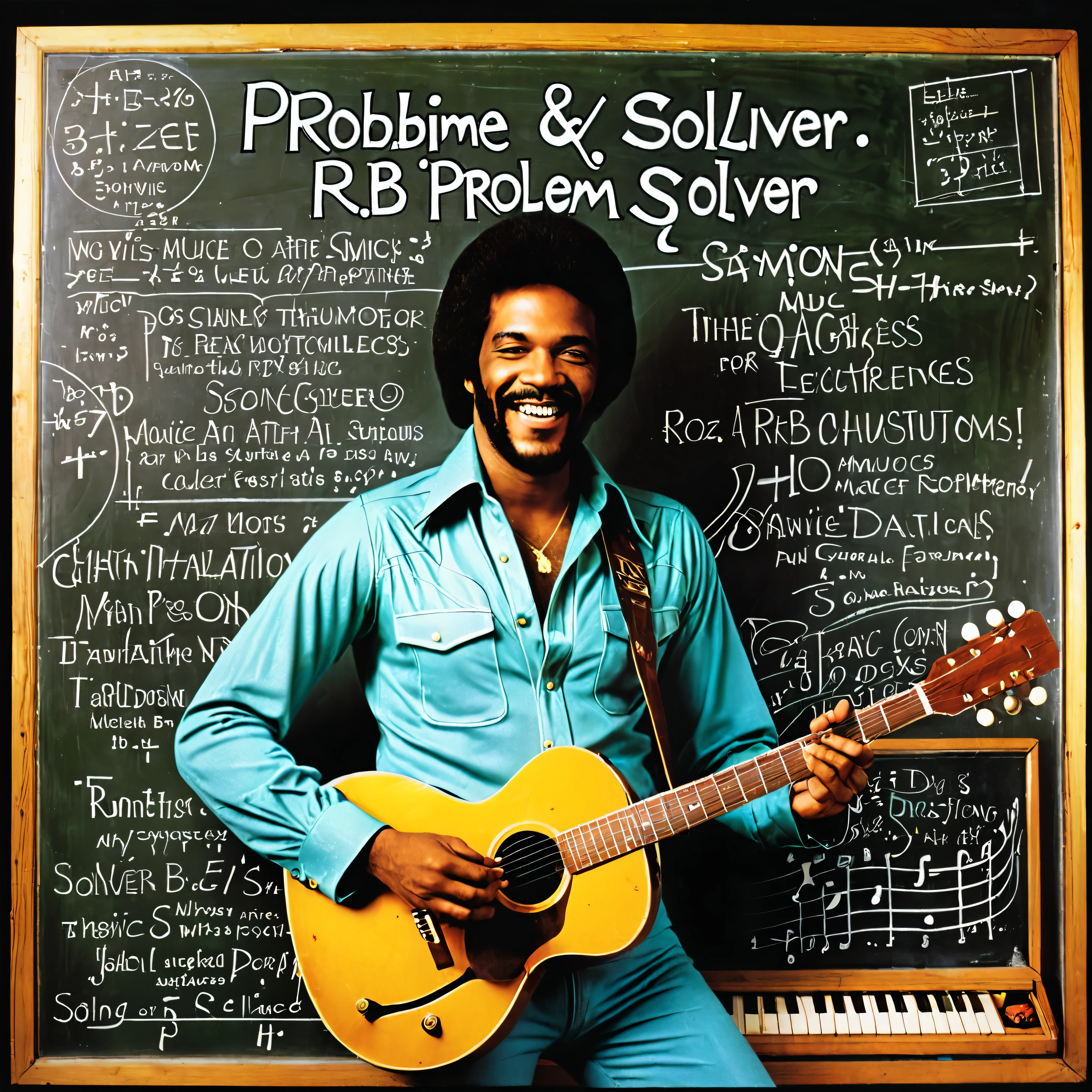 1970s vinyl album cover for a song called "Problem Solver" by r&b singer "Ronnie Sampson", math equations, chalk board, music instruments