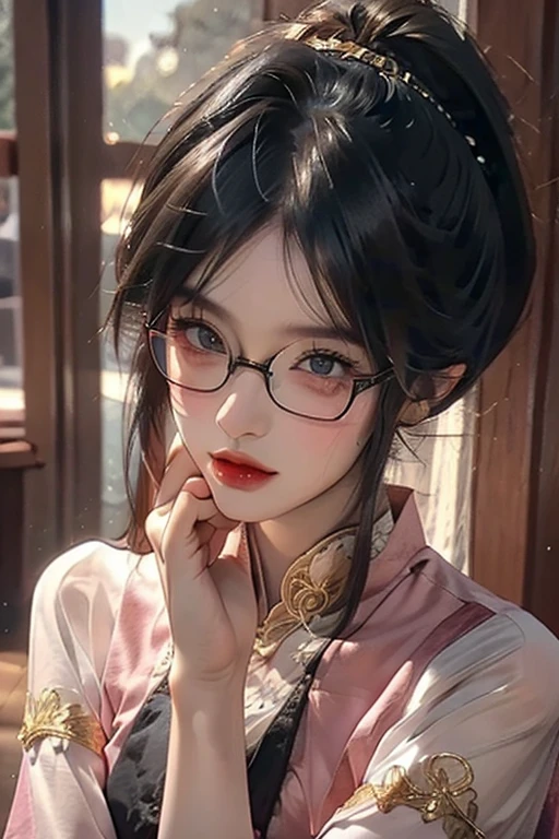 Transparent watercolor, masterpiece, best quality, ultra detailed、((A pretty mature woman wearing black framed glasses、Long hair in a dark pink ponytail with bangs))、A very short, sleeveless, white Chinese dress with gold embroidery.、Garter belt and stockings、Black underwear、