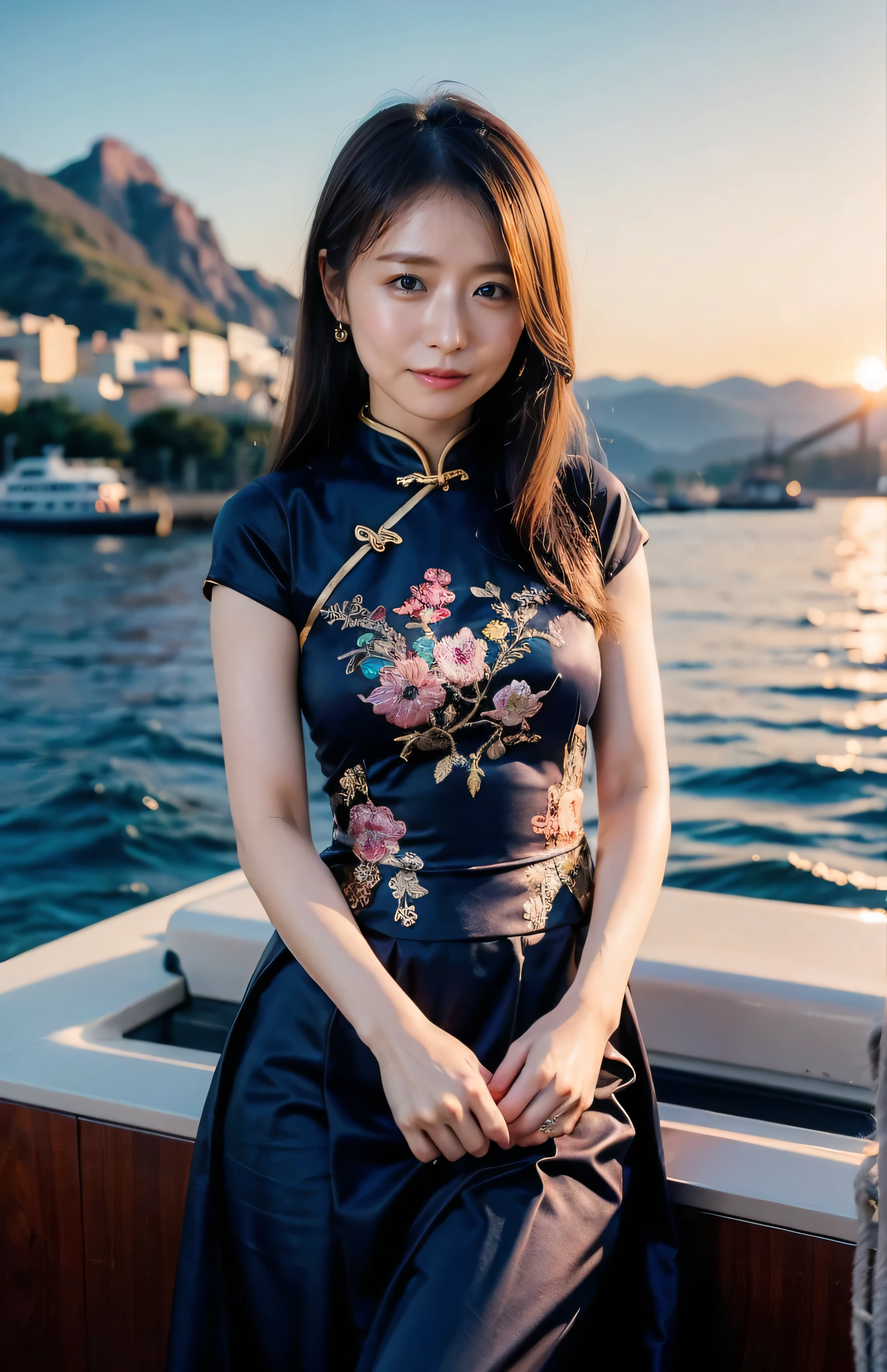 The sky turns red、A gorgeous gold embroidered Chinese dress、hair ornaments、Tie your hair elegantly、Gorgeous silk cheongsam、((Standing on a boat and posing sexy、Luxurious and shiny navy-colored Chinese dress with embroidered long skirt:1.4)).A luxurious and shiny silk cheongsam、A luxurious navy blue cheongsam with embroidery、Woman standing on a boat、Light brown hair、Elegant hairstyle、Blue Eyed Woman、A woman with a cute upward gaze、When the sky gets dark、The gentle light of the ship shines、The sky turns red as the sun sets、Tight clothing that shows your body lines、、Elegant navy blue summer knit、Elegant black summer sweater、Short skirt、Dress elegantly着こなす、Luxury Bagedium Shorthair:1.4))、Skyscrapers seen across the sea、Manhattan 私sland is visible offshore、Woman on a sightseeing boat、、The sun shines on her、Light brown hair、Light brown hair、The sky was dyed red、There are clouds、private's cute、An elegantly dressed woman is sitting on a boat and watching the sunset、Her ample breasts are obvious even through her clothes..、The shining sun is so beautiful、Dusk is approaching、Lens flare、I can see the sunset、((Sunlight reflecting off the ocean、Ocean View、The sun shines on the sea、'beautiful.、Small earrings、private'evening、Birds are also flying、、Brown Hair Color、Tying up hair、The woman is on the right:1.4))、Luxury Leather Belts、Shiny clothes、Light beige hair color、Background Blur、Braid only the front hair、Light brown hair、{{Cowgirl Shot}}、((Close-up shot from the waist up、Ample breasts:1.4))、Smile、Silk clothing、Ample breasts that can be seen even through clothes、Braid only the front hair、Cowboy Shot、Gorgeous white collared silk shirt and brown skirt、Dress elegantly、Luxury Bags、A lovely smile、((Ample breasts))、Full body photo、ring、Short skirt、Tuck your hair behind one ear、Silver Necklace、smile、 Elegant ponytail、Caustics、Highly detailed photos、Very beautiful and ideal short hair、Super no makeup、(8k、RAW Photos、highest quality、masterpiece:1.2)、(Realistic、Realistic)、1 girl、((Medium Short Hair、Looking into the camera:1.4))、Hair blowing in the wind