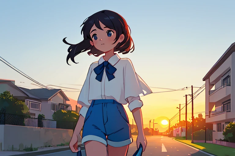 masterpiece, highest quality, Perfect body,Full face,1girl,solo,White blouse,blue Shorts,Walking in a residential area,Bust Shot,behind3There are people,sunset
