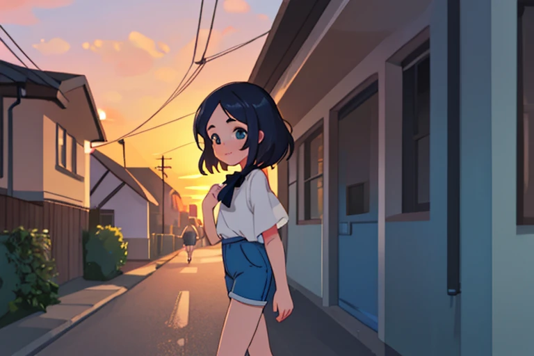 masterpiece, highest quality, Perfect body,Full face,1girl,solo,White blouse,blue Shorts,Walking in a residential area,Bust Shot,behind３There are people,sunset
