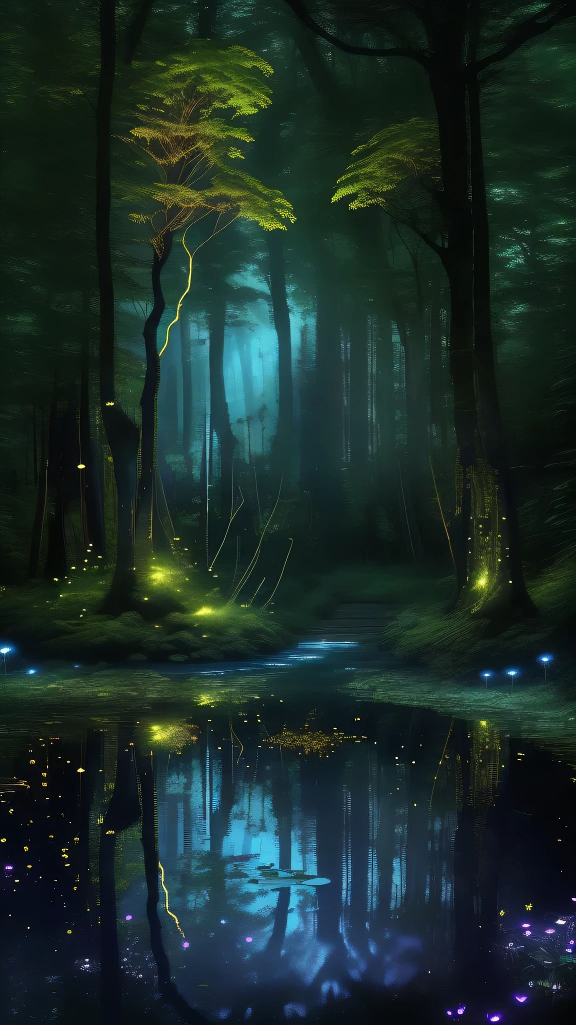 Enchanted forest with glowing fireflies and a babbling brook, surrounded by towering trees and shrouded in mist, magical, ethereal, dreamlike, stylized