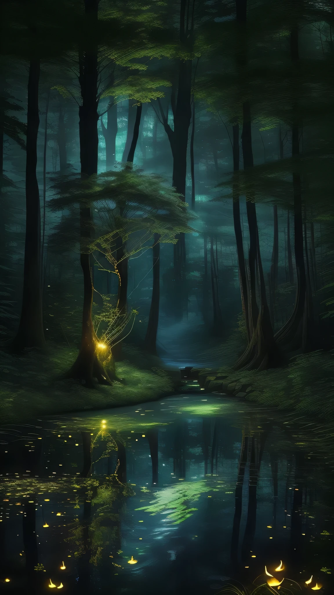 Enchanted forest with glowing fireflies and a babbling brook, surrounded by towering trees and shrouded in mist, magical, ethereal, dreamlike, stylized