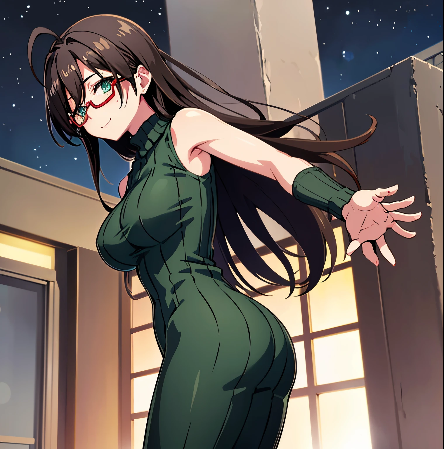 1girl,alone, chisato Hasegawa,( 4k detailed), (masterpiece), (ultra quality), (ultra detailed), (best illustration), (best shadow), (extremely detailed), (absurdities), (detailed background) , , glasses, solo, big breasts, medium waist, wide hips, medium thighs, round butt, long hair, red-rimmed glasses, half-rimmed glasses, high collar, smile, under-rimmed glasses, black hair, bare shoulders, brown hair, antenna hair, sleeveless turtleneck, big beasts, full body, green eyes, green sweater, looking at viewer, looking back, from behind, focus on ass, pov (from below) innocent smile, blush, outdoors, night, sexy body, sexy posture, perfect anatomy, perfect hands