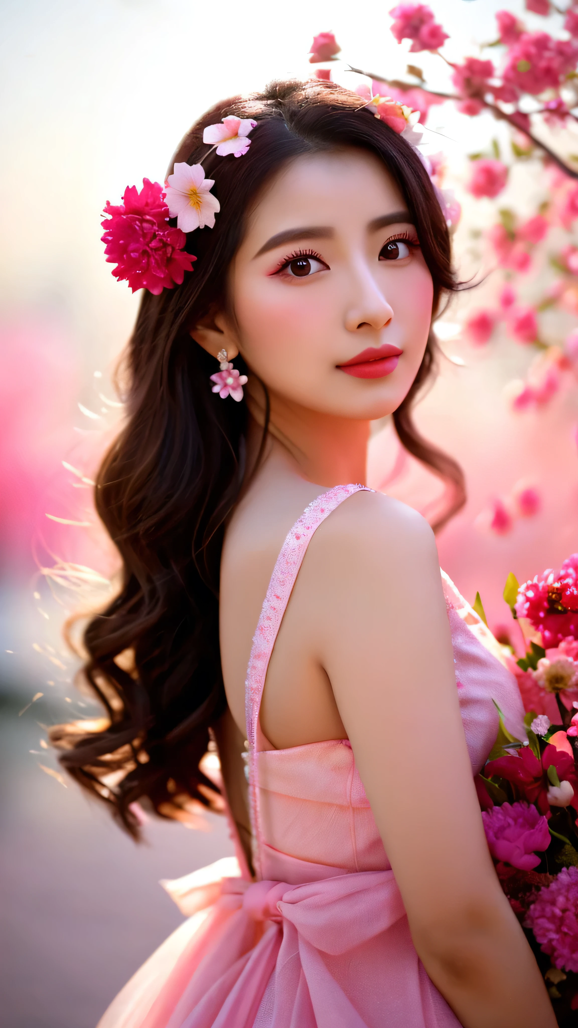 Close-up of a woman in a dress with flowers in her hair, Pink petals fly, Jinnah Chan, Beautiful Korean Women, Fan Bingbing, A lively woman made of flower petals, Pink and red color style, Lostrun 8k, Pink and red colors, Pink petals, Chinese Girl, Fantasy Beautiful, Heavenly Beauty, Wearing a pink dress, ((Volumetric Lighting, Hard Shadows, Backlight))