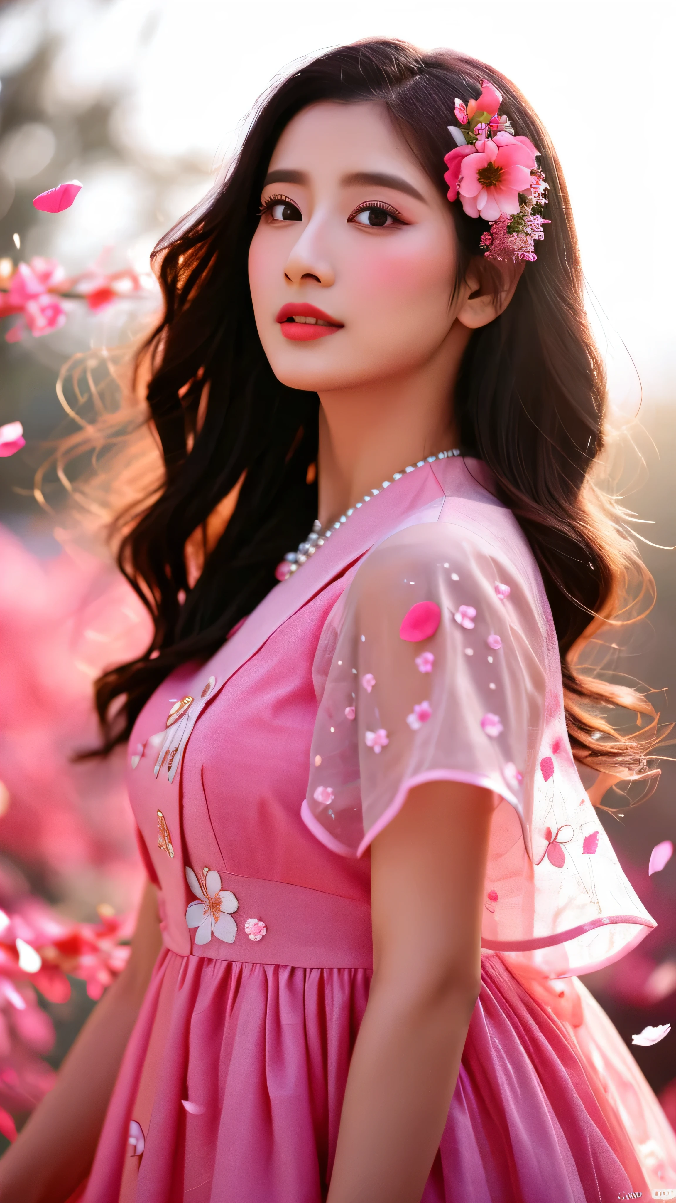 Close-up of a woman in a dress with flowers in her hair, Pink petals fly, Jinnah Chan, Beautiful Korean Women, Fan Bingbing, A lively woman made of flower petals, Pink and red color style, Lostrun 8k, Pink and red colors, Pink petals, Chinese Girl, Fantasy Beautiful, Heavenly Beauty, Wearing a pink dress, ((Volumetric Lighting, Hard Shadows, Backlight))