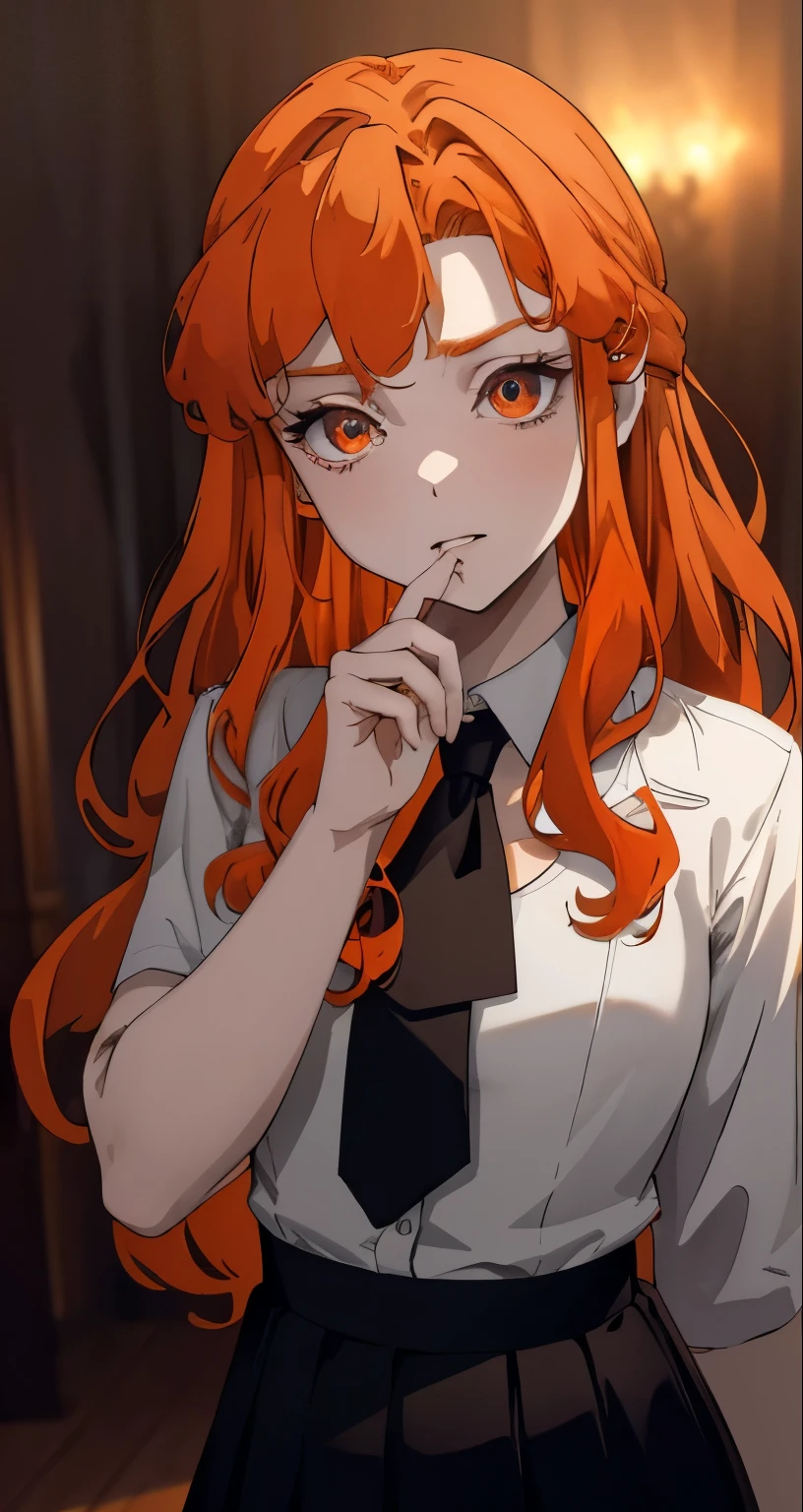 { masterpiece : best quality : high resolution : unity 8k wallpaper : illustration : beautiful detailed eyes : extremely detailed face : perfect lighting : extremely detailed CG } { in a creepy dark room : dark lighting } { Lenore : orange hair : wearing white collar shirt with black tie and black skirt }