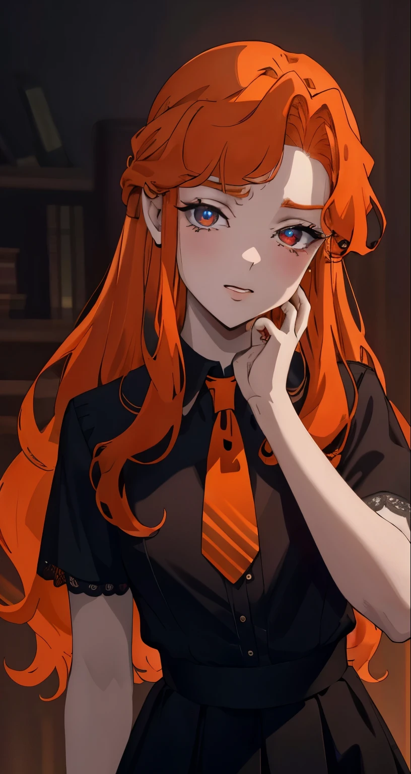 { masterpiece : best quality : high resolution : unity 8k wallpaper : illustration : beautiful detailed eyes : extremely detailed face : perfect lighting : extremely detailed CG } { in a creepy dark room : dark lighting } { Lenore : orange hair : wearing white collar shirt with black tie and black skirt }