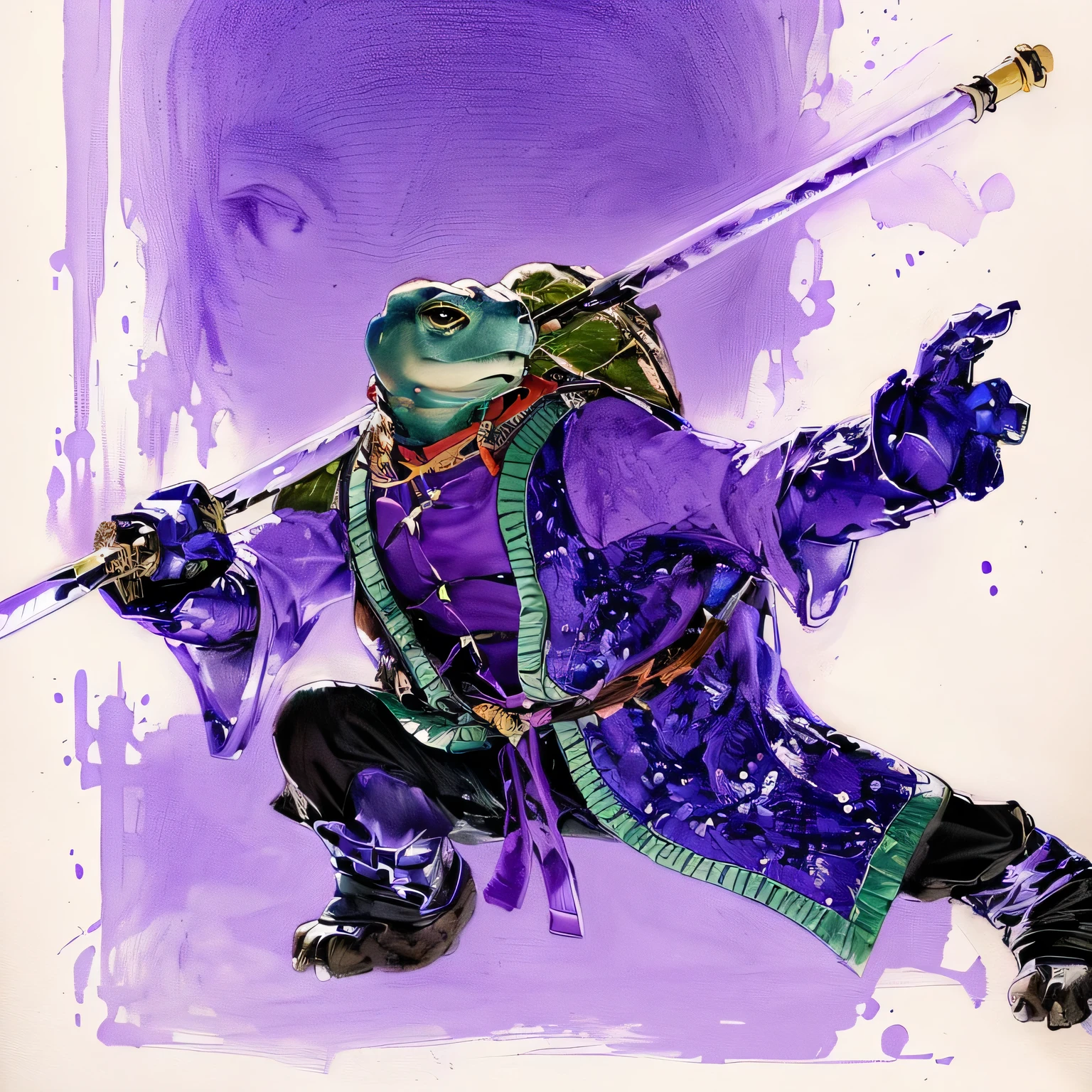 a drawing of a turtle with a sword and a purple shirt, anthropomorphic turtle humanoid, anthropomorphic turtle hero, anthropomorphic turtle, as an anthropomorphic turtle, turtle warrior, an anthropomorphic turtle, inspired by Gatōken Shunshi, donatello, inspired by Shūbun Tenshō, toad samurai
