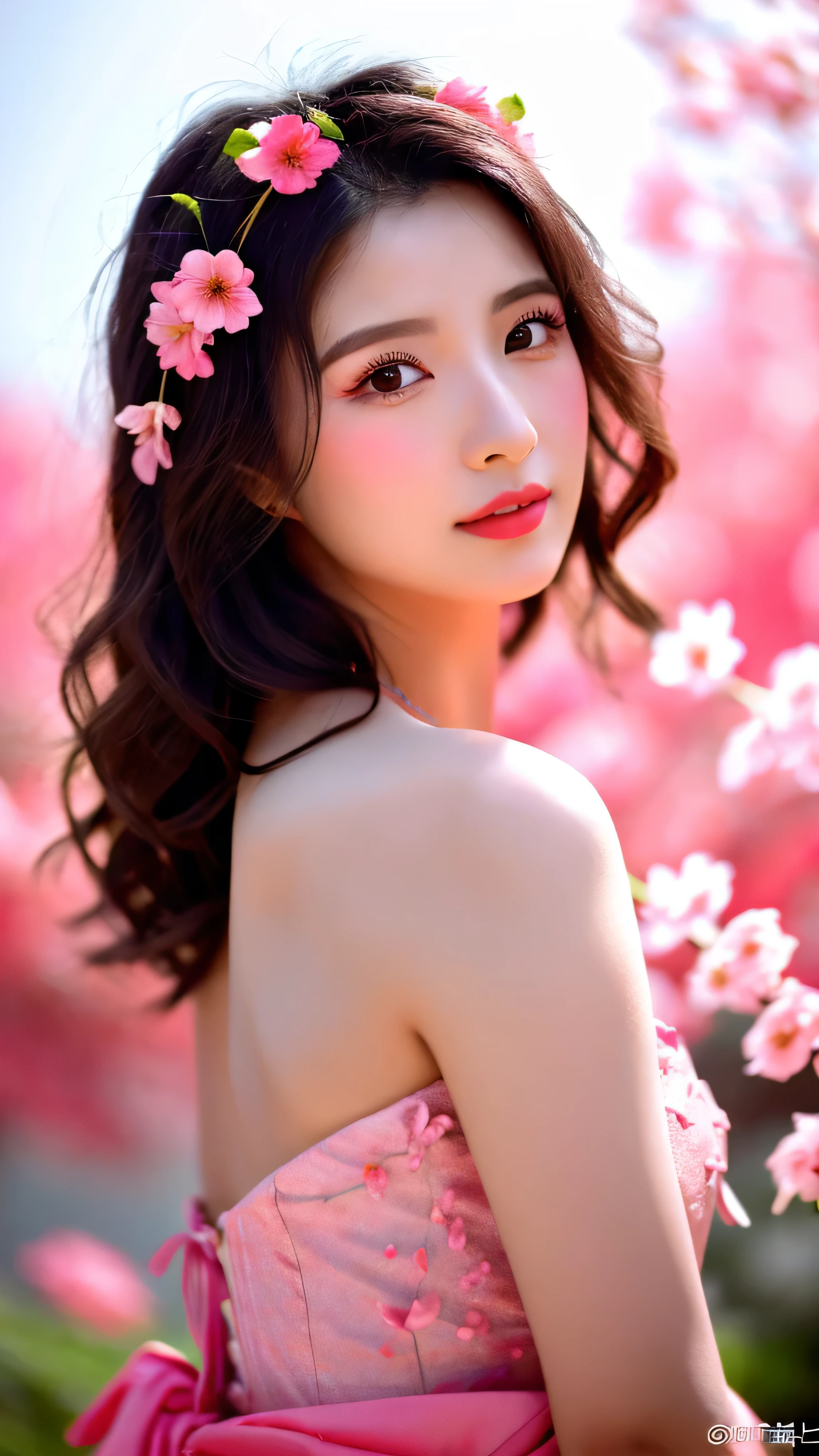 Close-up of a woman in a dress with flowers in her hair, Pink petals fly, Jinnah Chan, Beautiful Korean Women, Fan Bingbing, A lively woman made of flower petals, Pink and red color style, Lostrun 8k, Pink and red colors, Pink petals, Chinese Girl, Fantasy Beautiful, Heavenly Beauty, Wearing a pink dress, ((Volumetric Lighting, Hard Shadows, Backlight))
