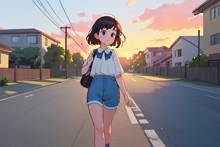 masterpiece, highest quality, Perfect body,Full face,1girl,solo,White blouse,blue Shorts,Walking in a residential area,Bust Shot,behind3There are people,There are other people walking,sunset