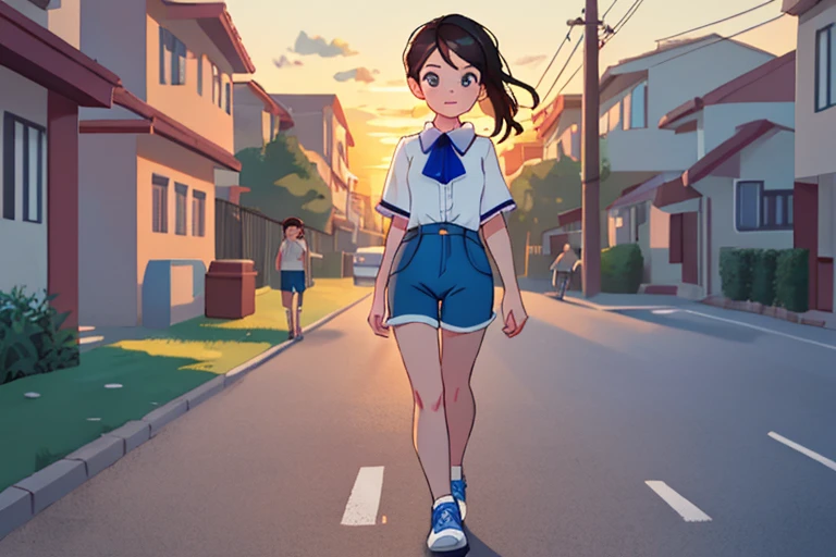 masterpiece, highest quality, Perfect body,Full face,1girl,solo,White blouse,blue Shorts,Walking in a residential area,Bust Shot,behind3There are people,There are other people walking,sunset