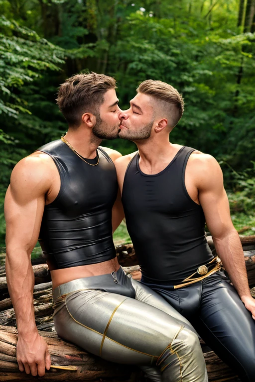 2 men, Photo-realistic. A pleased 24-year-old male, medieval warrior, with shaved blonde hair, stubble, and closed eyes, wearing sleeveless, metal armor, arm around, cuddling, kissing a smiling lovingly, 19-year-old, fit, handsome, medieval man with shaved, brown hair, slight stubble, and closed eyes, wearing sleeveless gray and gold tunic, and tan leather pants. They sit close together on a log, in a wooded field, in front of a campfire, at night. Masculine, sexy, men in love, with big bulging pants.